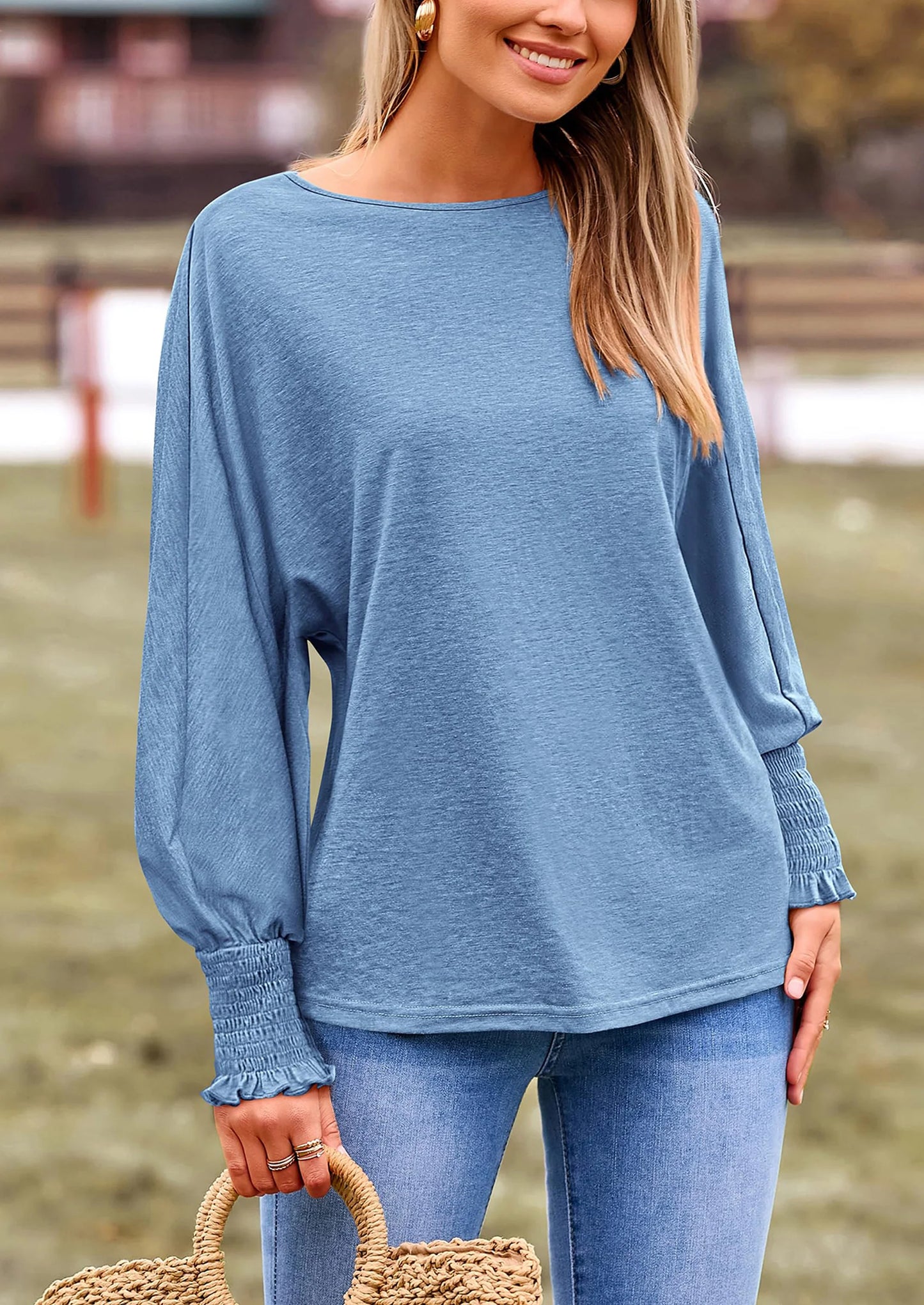 Women's Spring Fashion T Shirts Puff Long Sleeve Crewneck Casual Basic Tee Tops Blouses
