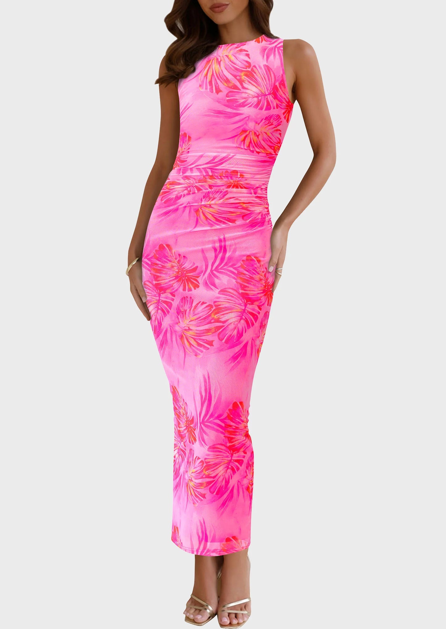 Wedding Guest Dresses for Women Spring Floral Bodycon Sleeveless Mesh Maxi Long Dress