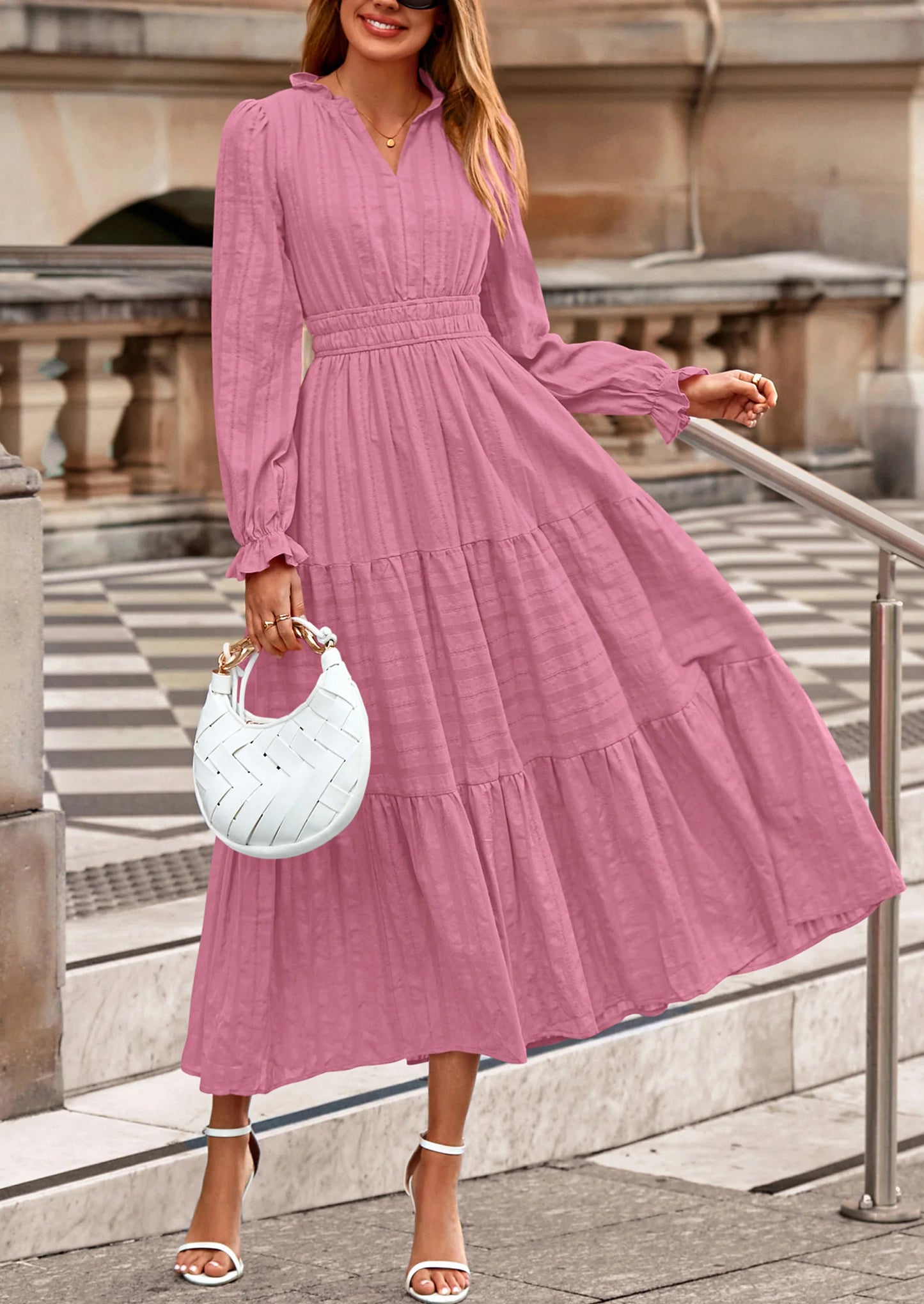 Women's Fall Wedding Guest Dresses Long Sleeve V Neck Flowy Elegant Holiday Party Maxi Dress with Pockets