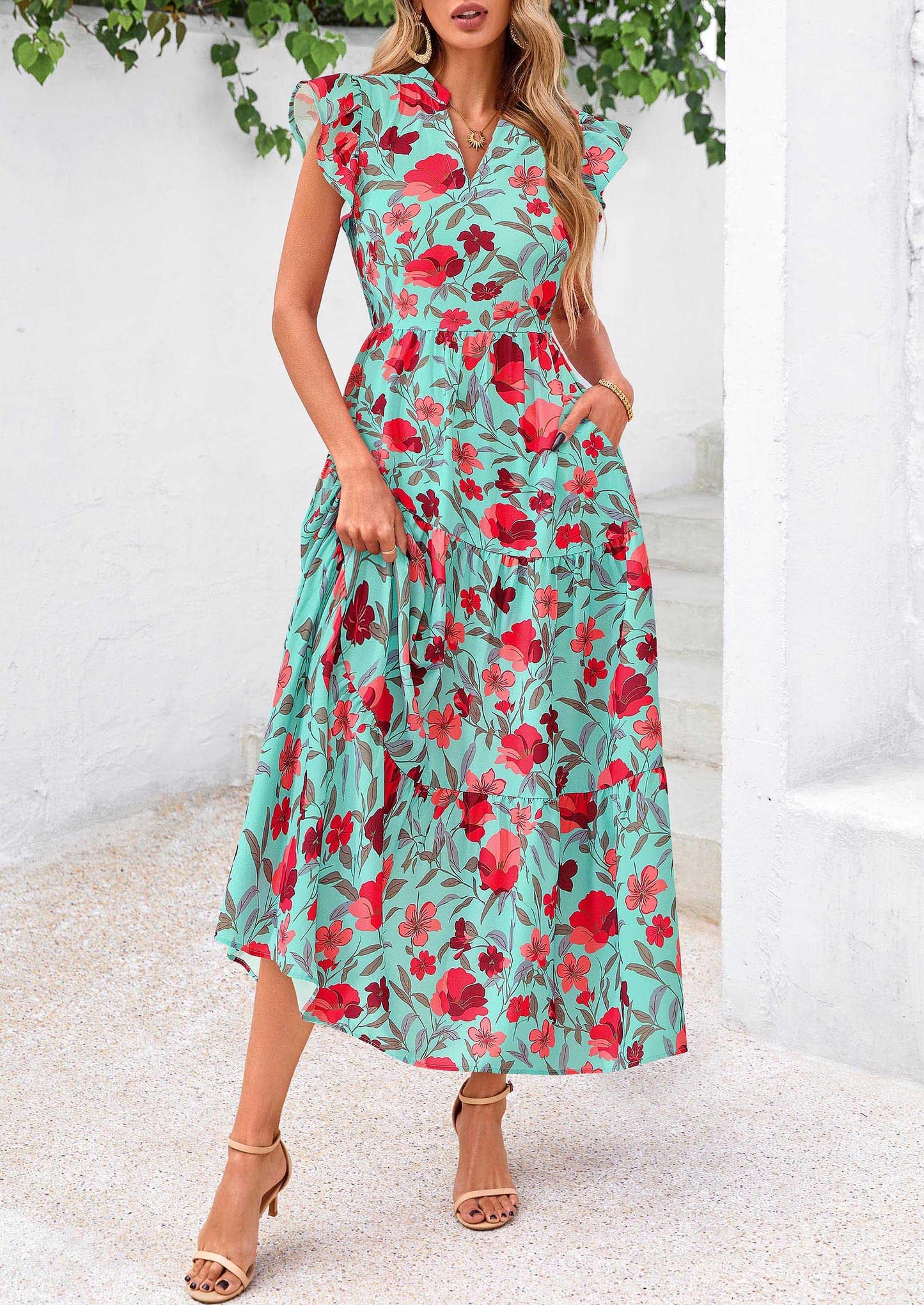 Women's Summer Floral Midi Dress Cap Sleeve V Neck Ruffle Long Flowy Boho Casual Beach Vacation Dresses