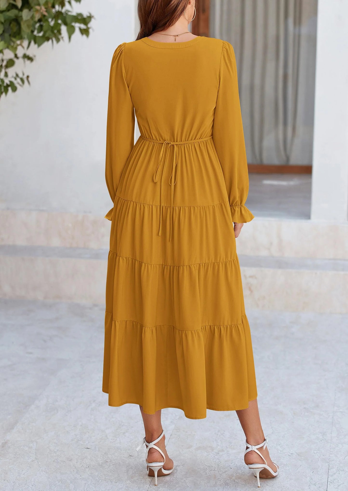 Women Fall Long Sleeve Smocked Maxi Dress Casual Square Neck Swiss Dot Tiered Ruffle Flowy Spring Pocket Dresses
