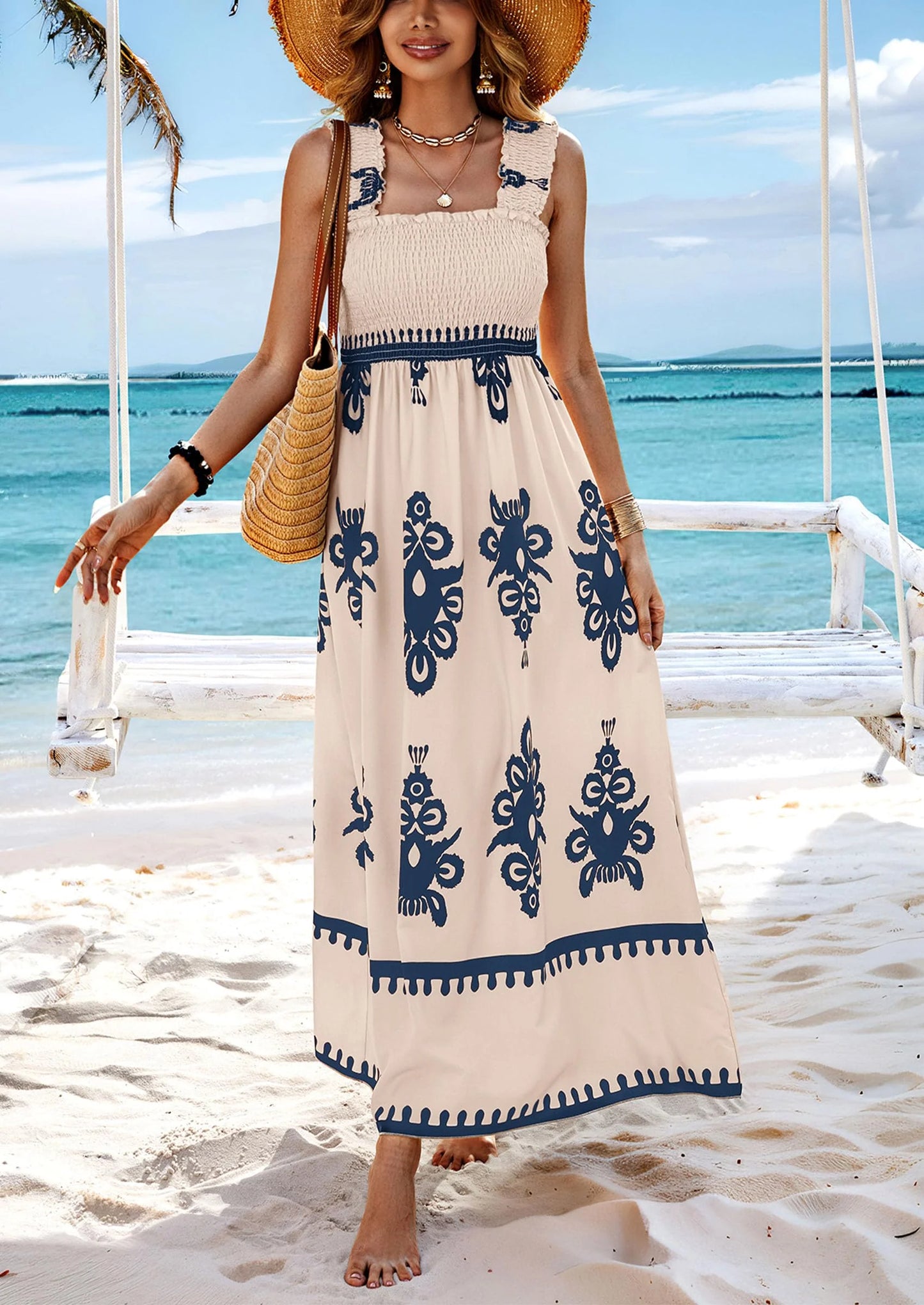 Womens Summer Boho Maxi Dress Casual Sleeveless Square Neck Floral Aline Smocked Beach Dresses with Pockets
