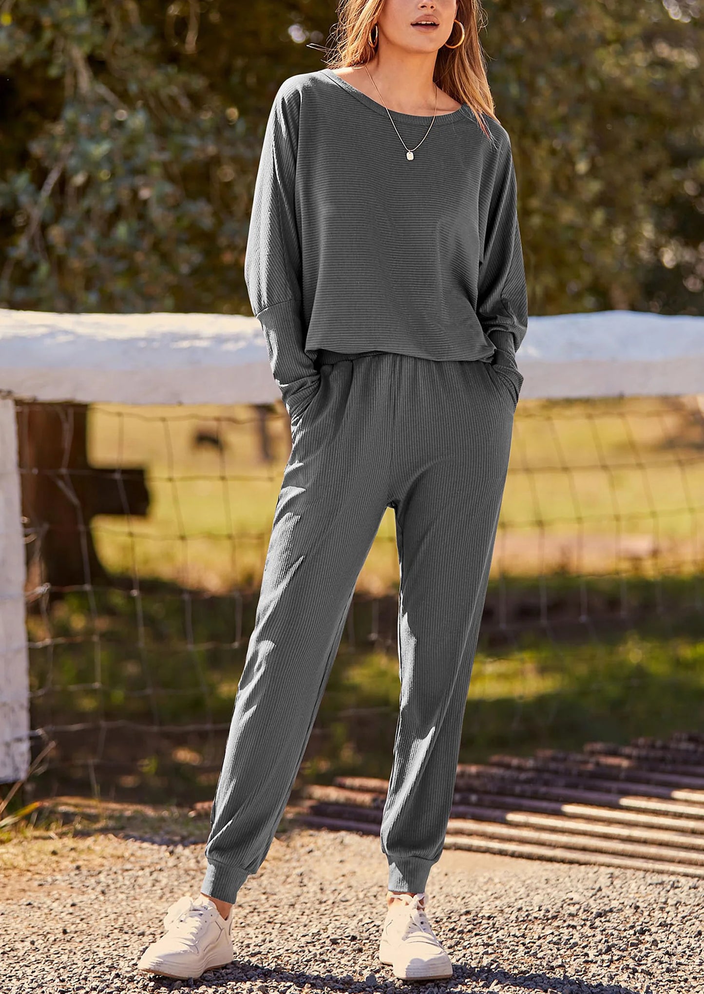 Women's Fall 2 Piece Lounge Set Long Sleeve Tops Ribbed Pants Spring Matching Sweatsuit Travel Outfits Clothes