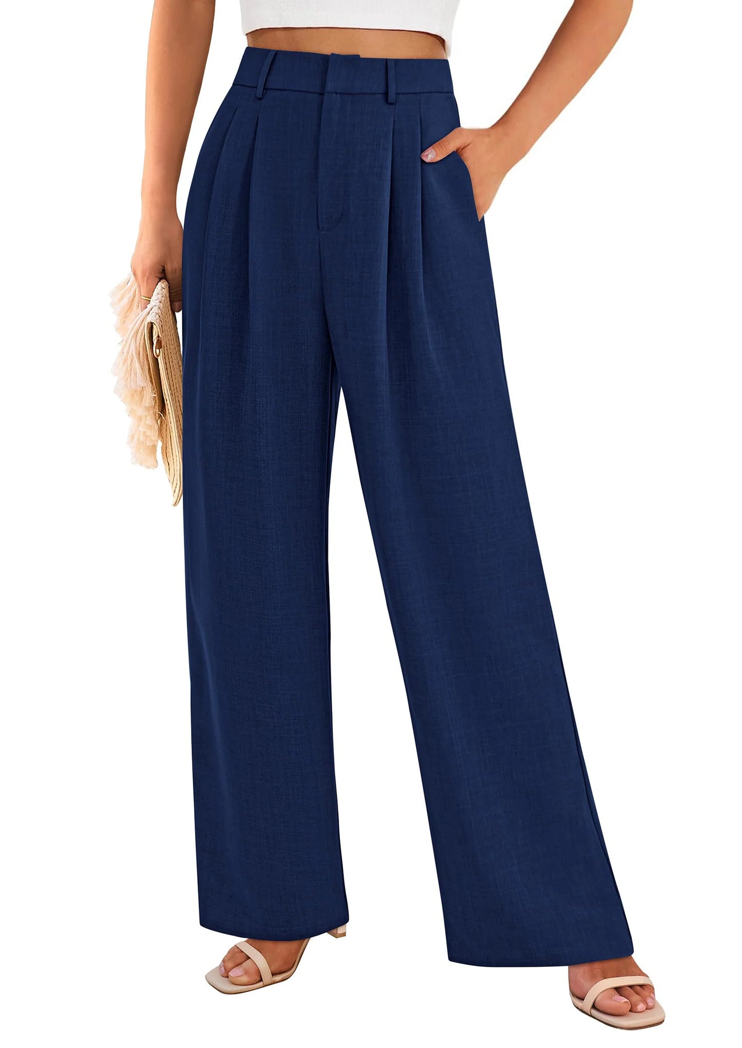 Women's Summer Elastic High Waisted Work Pants Straight Leg Dressy Business Casual Trousers Slacks Pockets