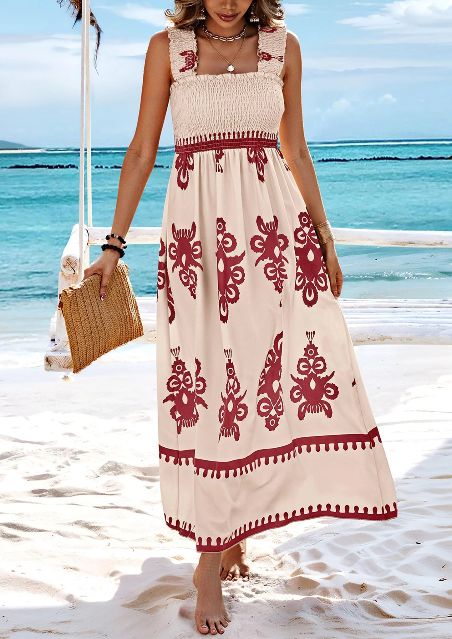 Womens Summer Boho Maxi Dress Casual Sleeveless Square Neck Floral Aline Smocked Beach Dresses with Pockets