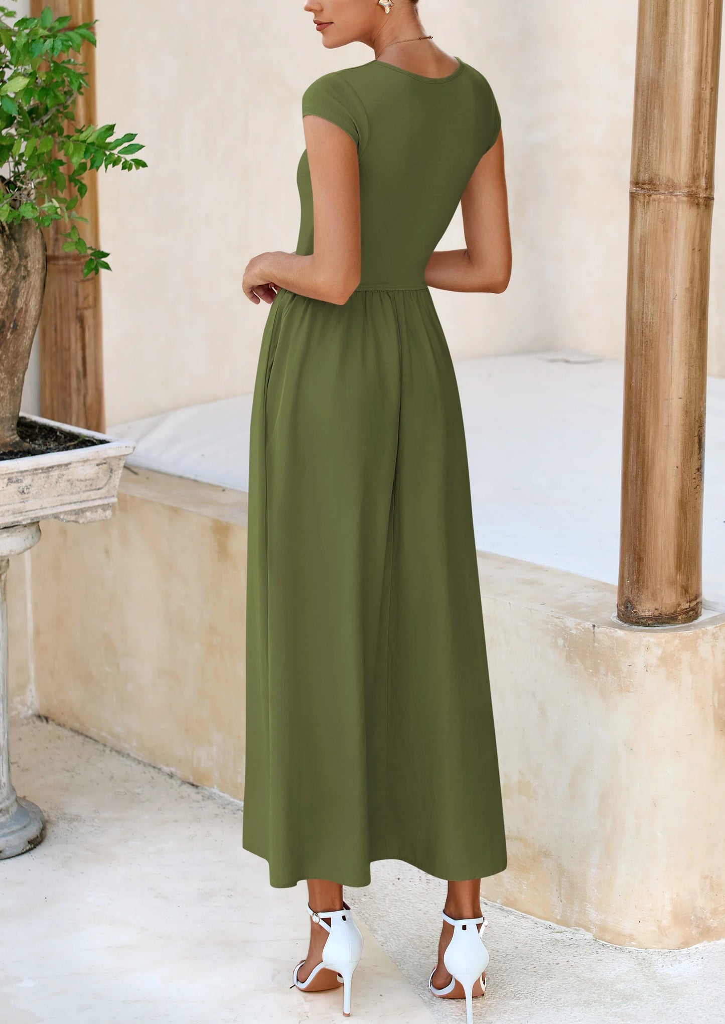 Women's Casual Long Dresses Cap Sleeve Patchwork A Line Flowy Modest Elegant Homecoming Maxi Dress