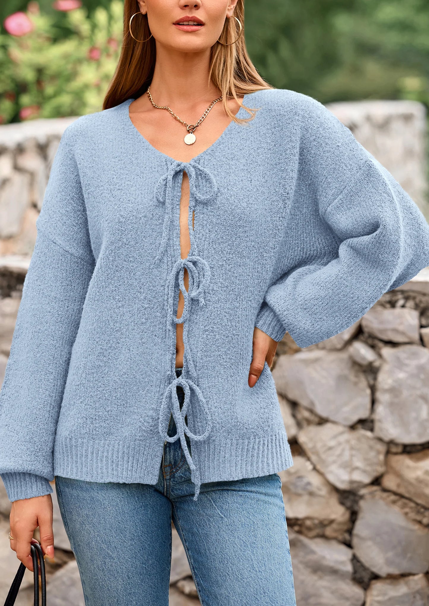 Women's Tie Front Bow Cardigan Sweaters Chunky Knit Long Puff Sleeve Trendy Fall Winter Jacket Coats