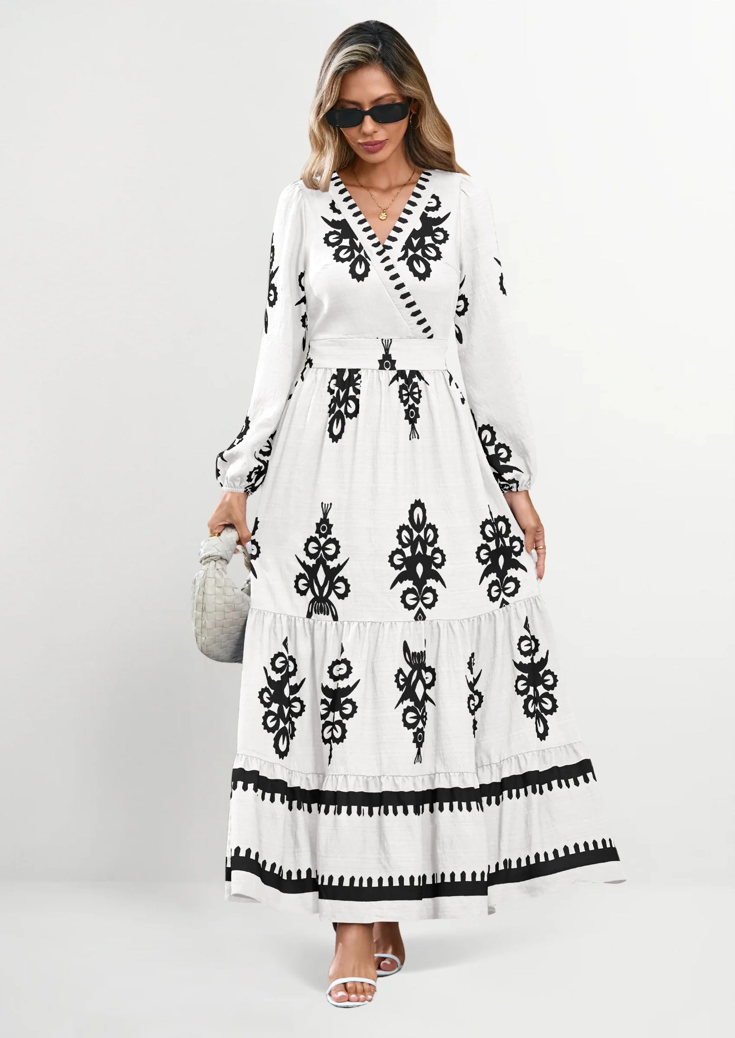 Women's Fall Wedding Guest Dresses Boho Floral Long Sleeve V Neck Flowy Elegant Maxi Dress Beach Clothes