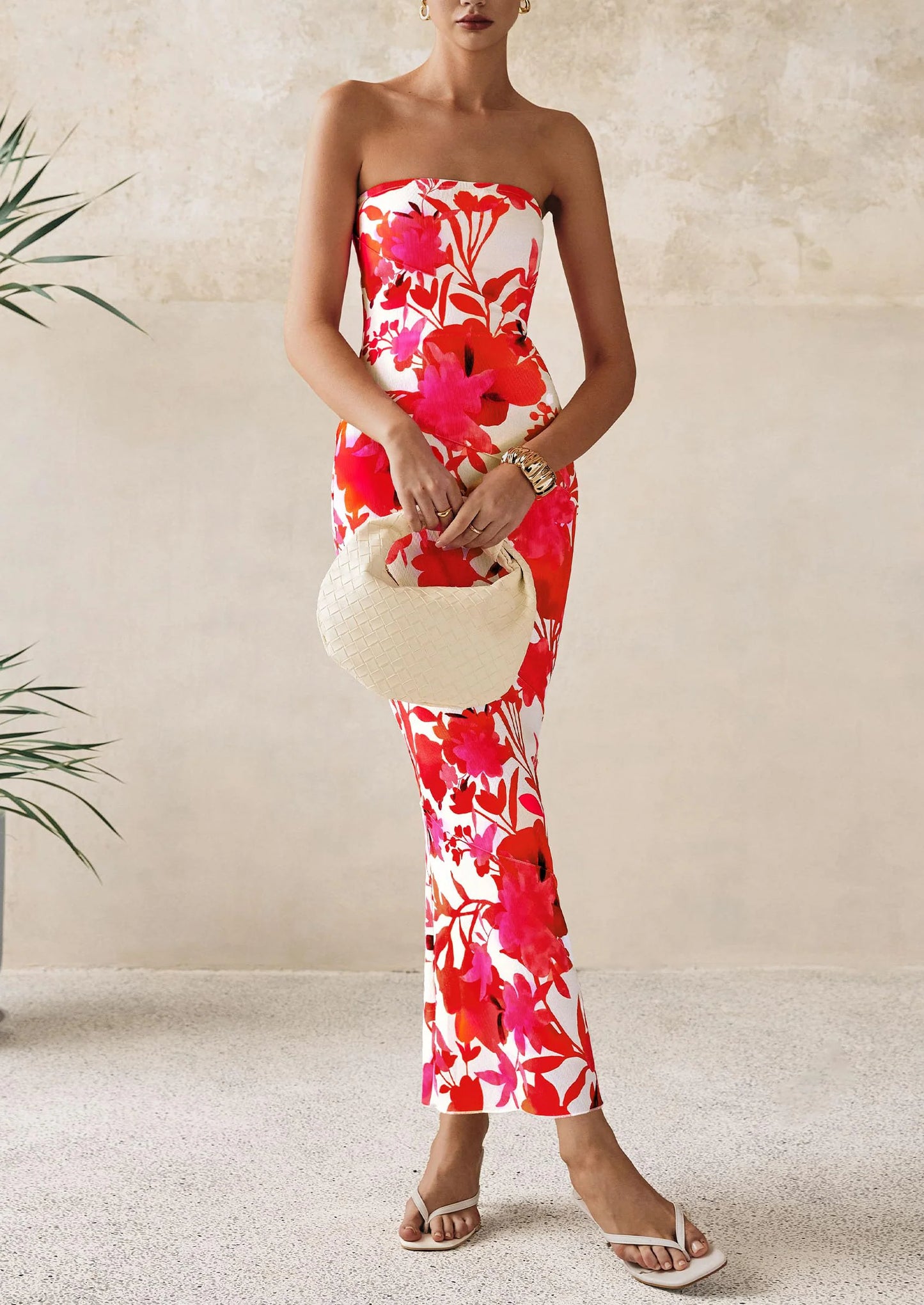 Women's Floral Bodycon Maxi Dresses Ribbed Strapless Tube Casual Boho Party Long Dress