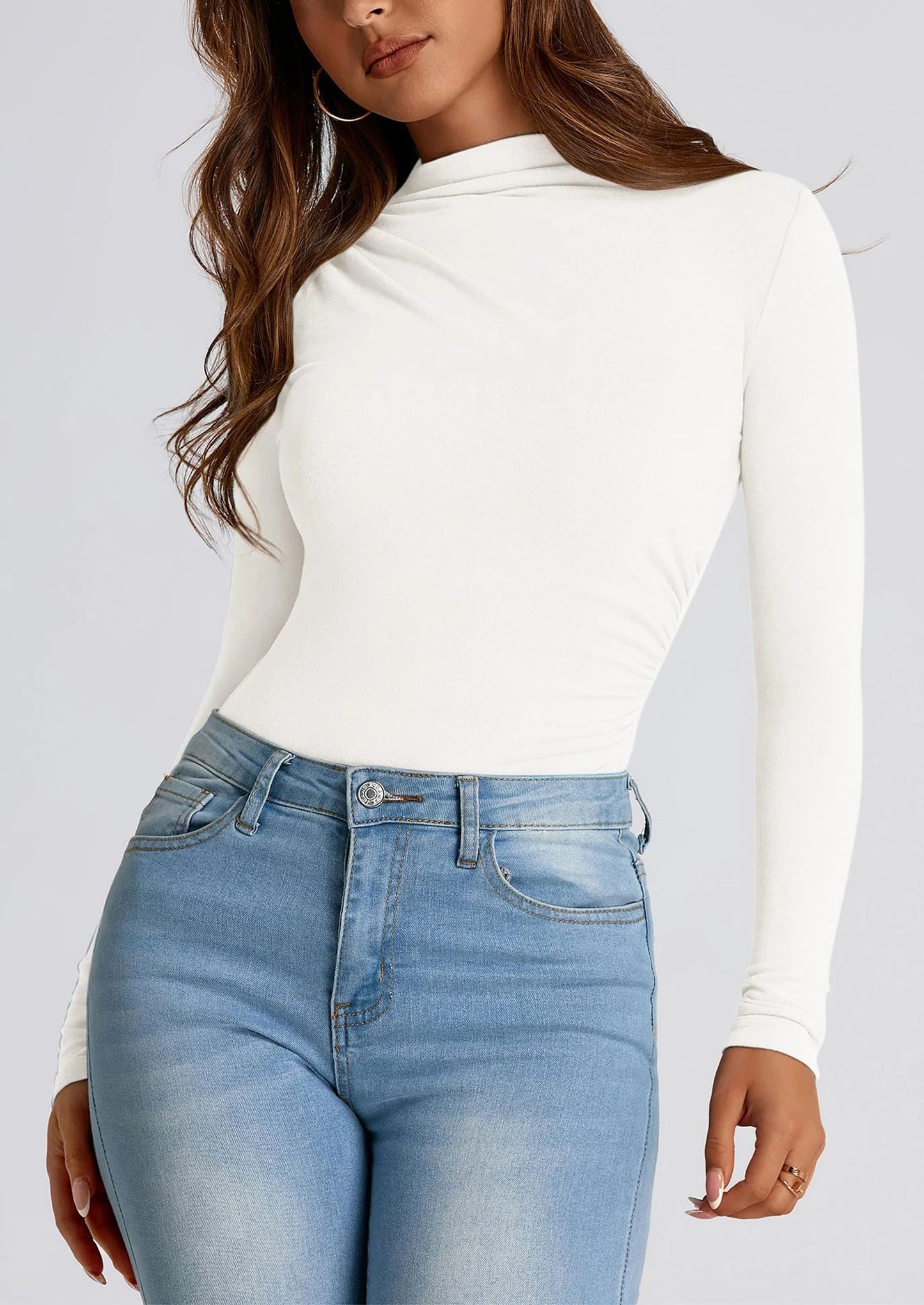 Womens Fall Y2K Going Out Crop Tops Long Sleeve Mock Neck Ruched Slim Fitted Basic Trendy Casual T Shirts Blouse