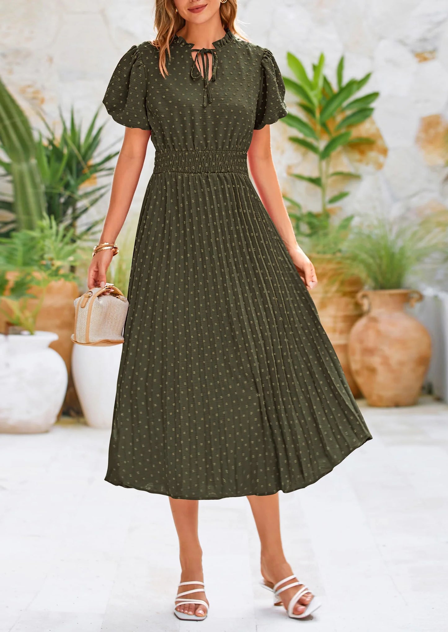 Womens Midi Dresses Puff Short Sleeve V Neck Swiss Dot Pleated A Line Flowy Long Wedding Guest Dress