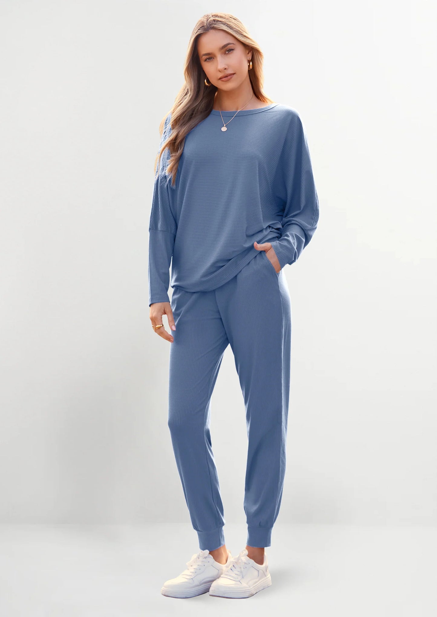 Women's Fall 2 Piece Lounge Set Long Sleeve Tops Ribbed Pants Spring Matching Sweatsuit Travel Outfits Clothes