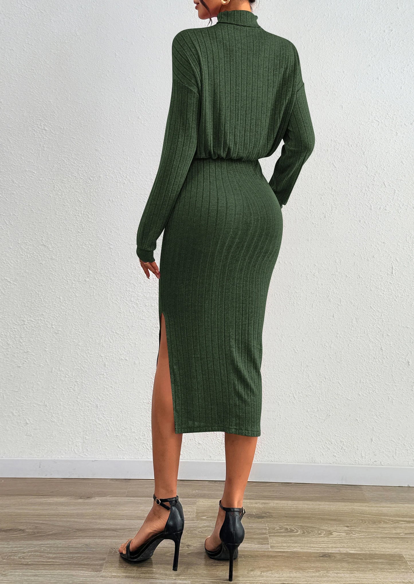 Turtle Neck Dresses for Women Fall Knit Outfits Slit Elastic Waist Long Sleeve Bodycon Midi Sweater Dress