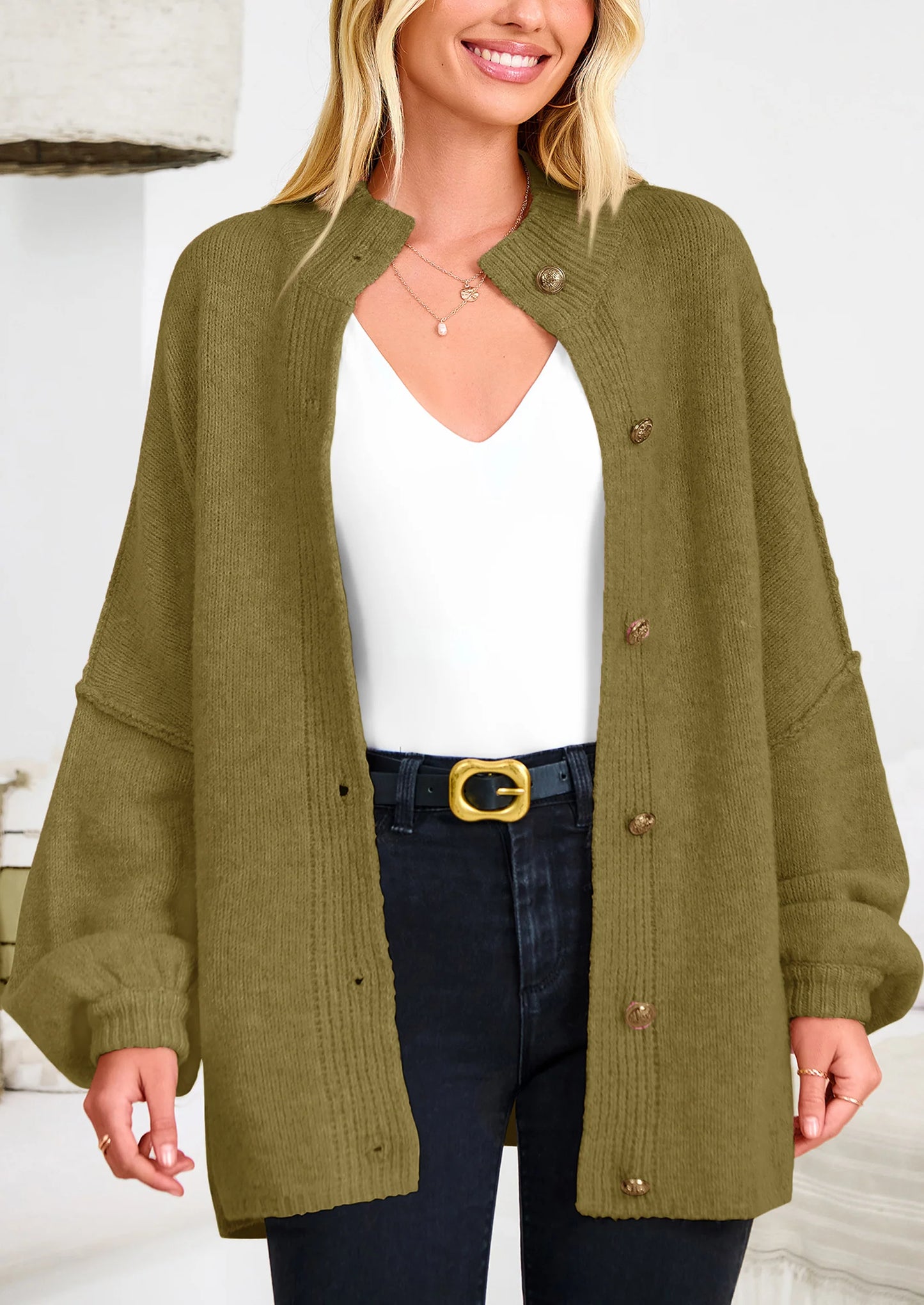 Women's Winter Button Down Cardigan Sweaters Mock Neck Lantern Long Sleeve Chunky Knit Jacket Trendy Outerwear