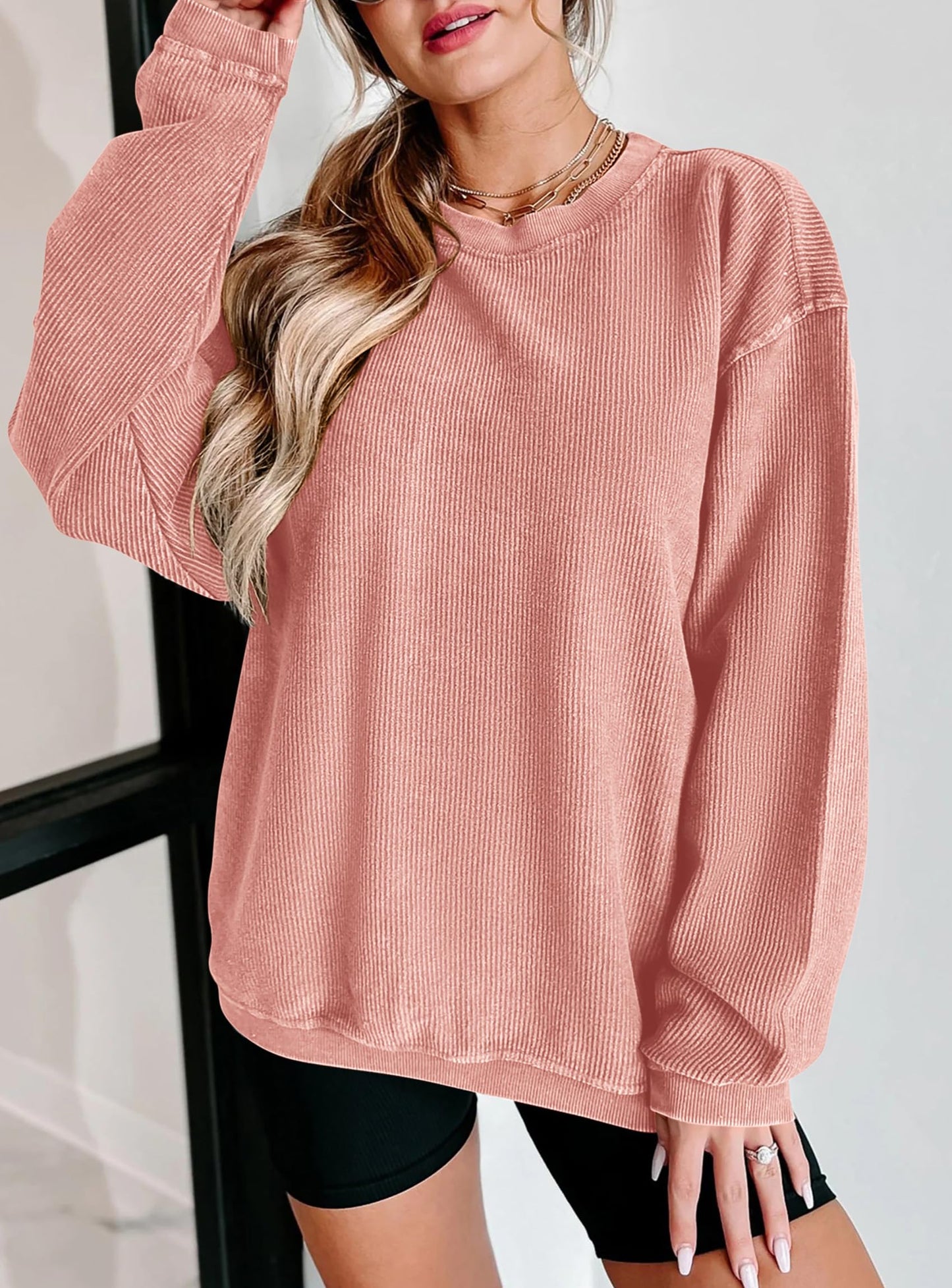 Women's Oversized Sweatshirt 2025 Fall Fashion Clothes Ribbed Corduroy Long Sleeve Going Out Pullover Tops