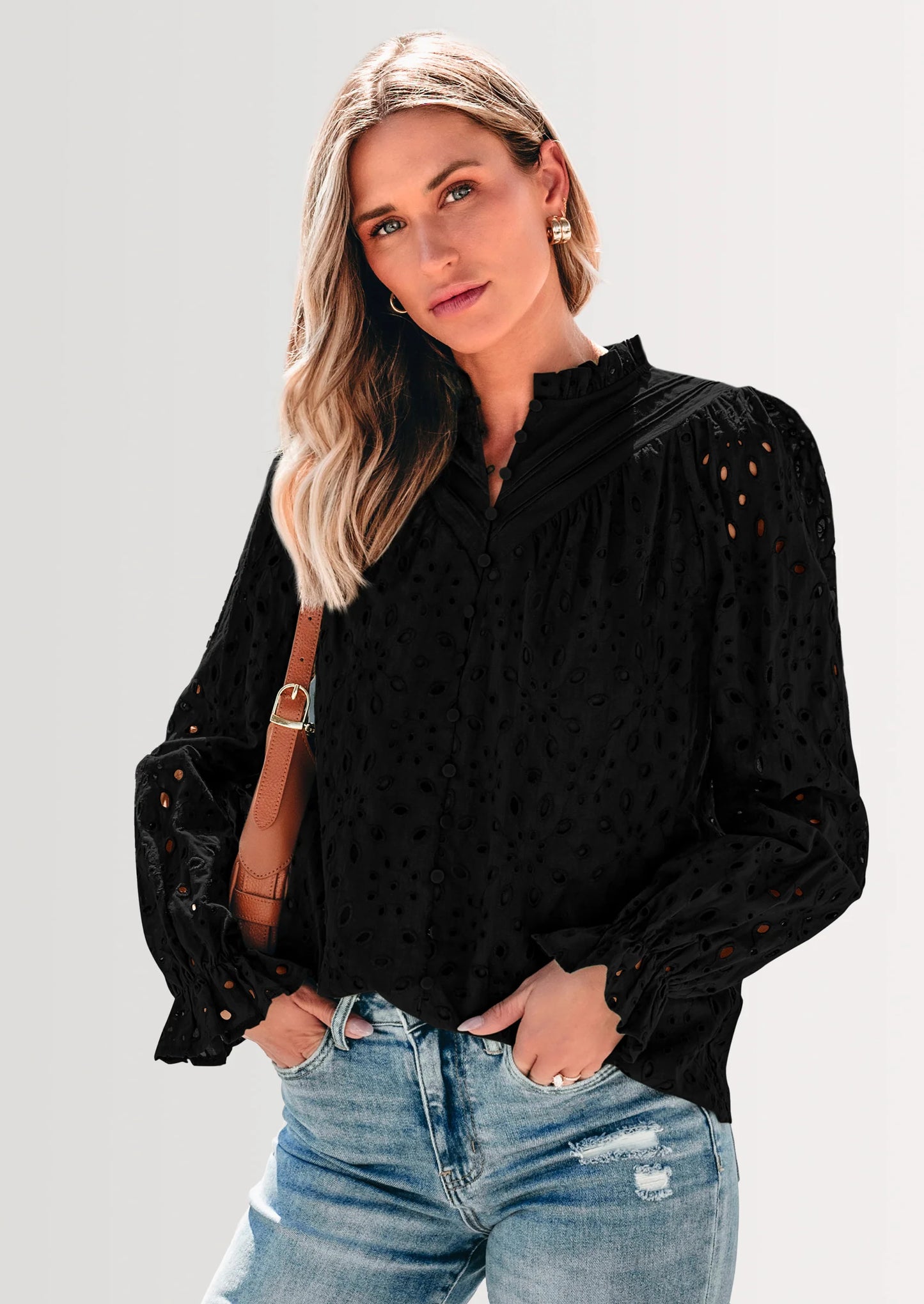 Women's Dressy Casual Blouse Tops Fall Spring Puff Long Sleeve Button V Neck Hollow Out Lace Embroidered Shirts