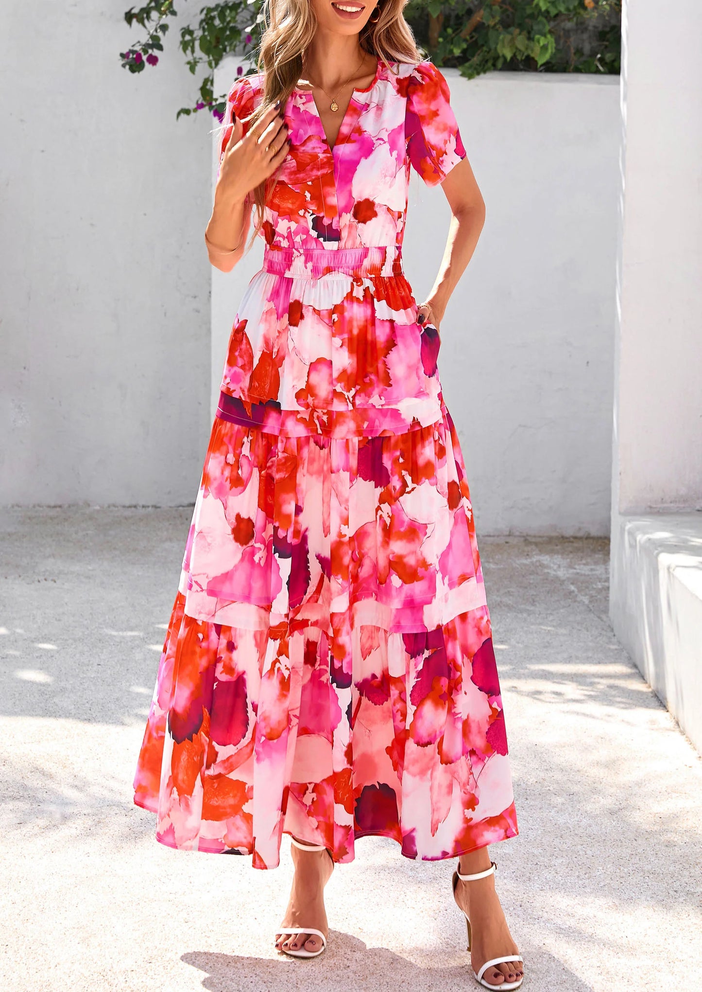 Women's Boho Maxi Dresses Floral Short Sleeve V Neck A Line Tiered Flowy Long Beach Vacation Dress