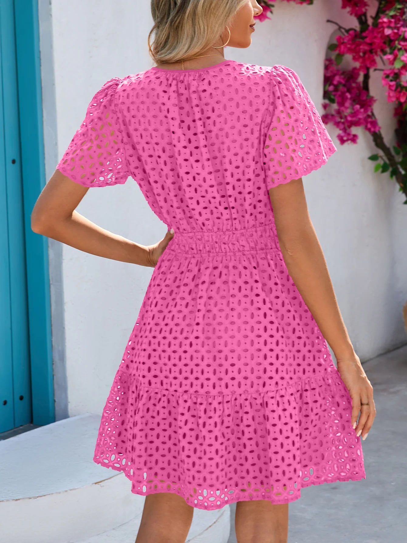 Women Summer Short Dress V Neck Short Sleeve A Line Hollow Out Lace Ruffle Cute Casual Beach Party Dresses