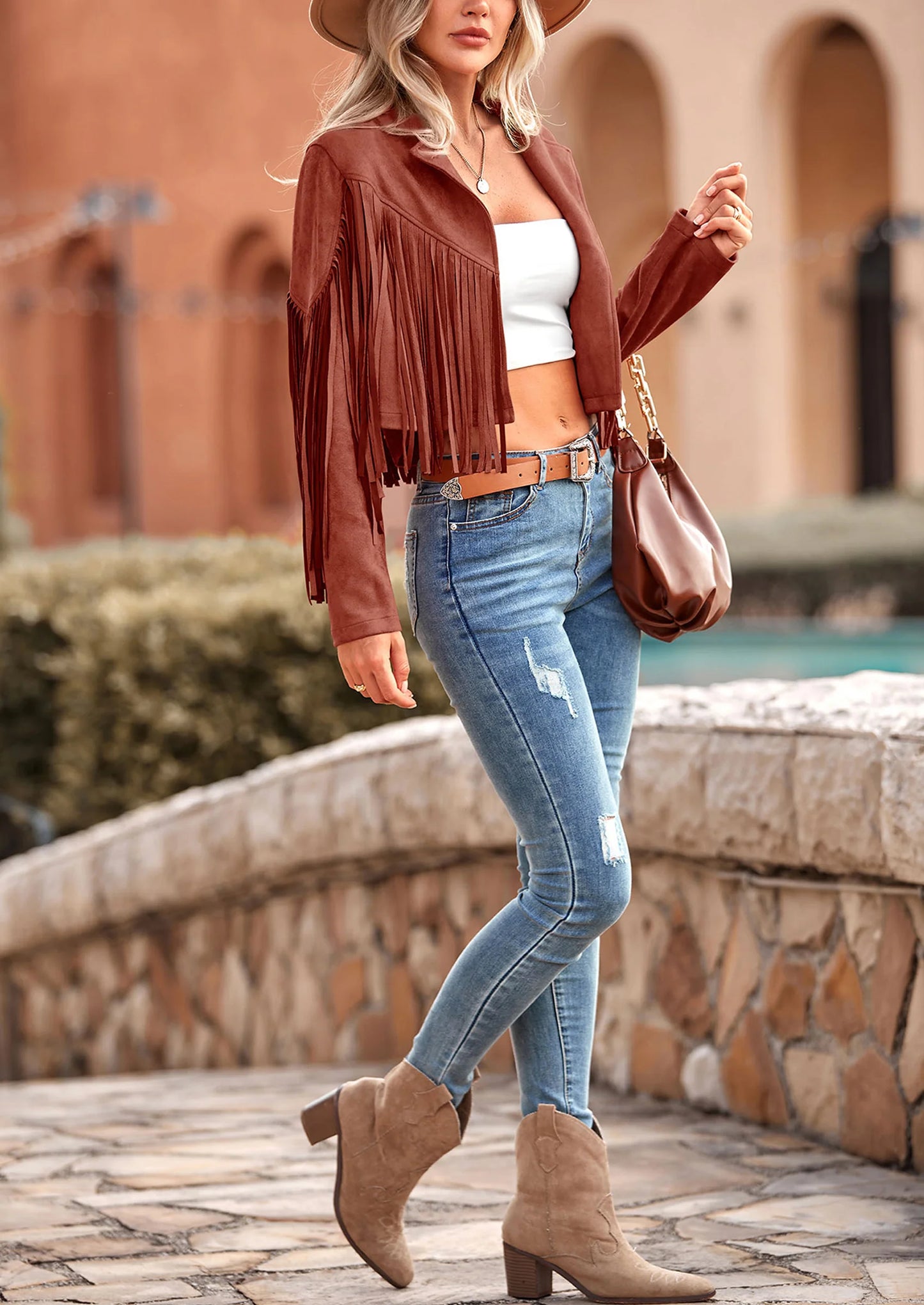 Women's Fringe Faux Suede Leather Jackets Fashion Tassel Motorcycle Cropped Coats