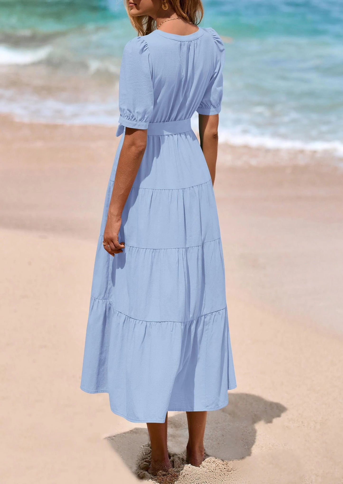 Women's Midi Dress Casual Short Sleeve V Neck Buttons Belted Ruffle A Line Flowy Dress with Pockets