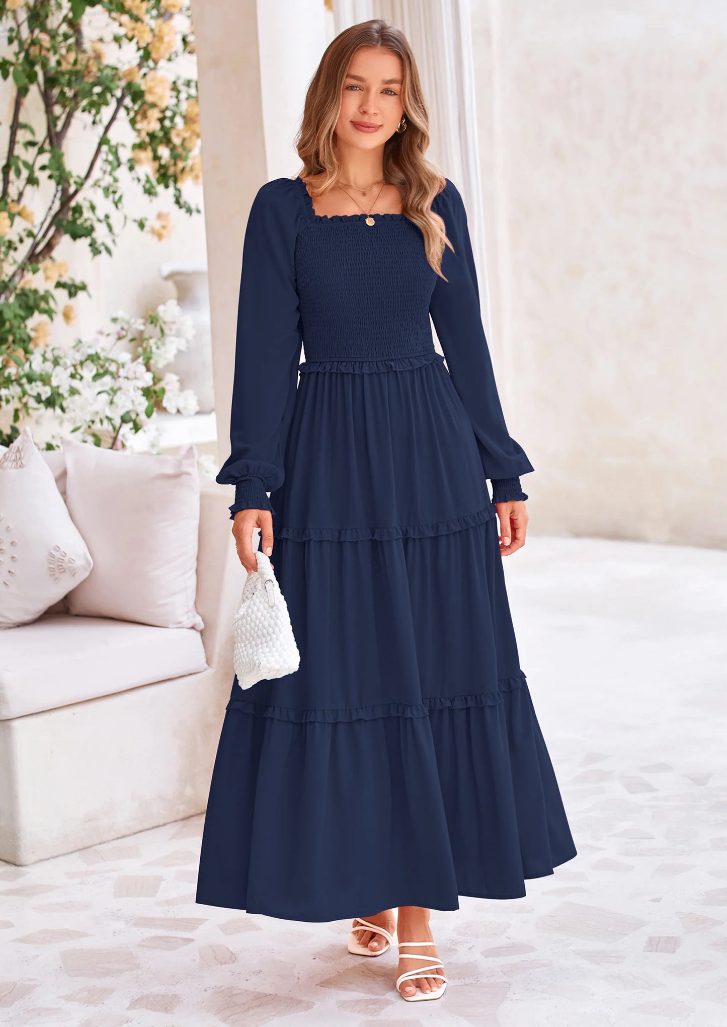 Fall Wedding Guest Dresses for Women Long Sleeve Square Neck Tiered A Line Modest Elegant Flowy Dresses