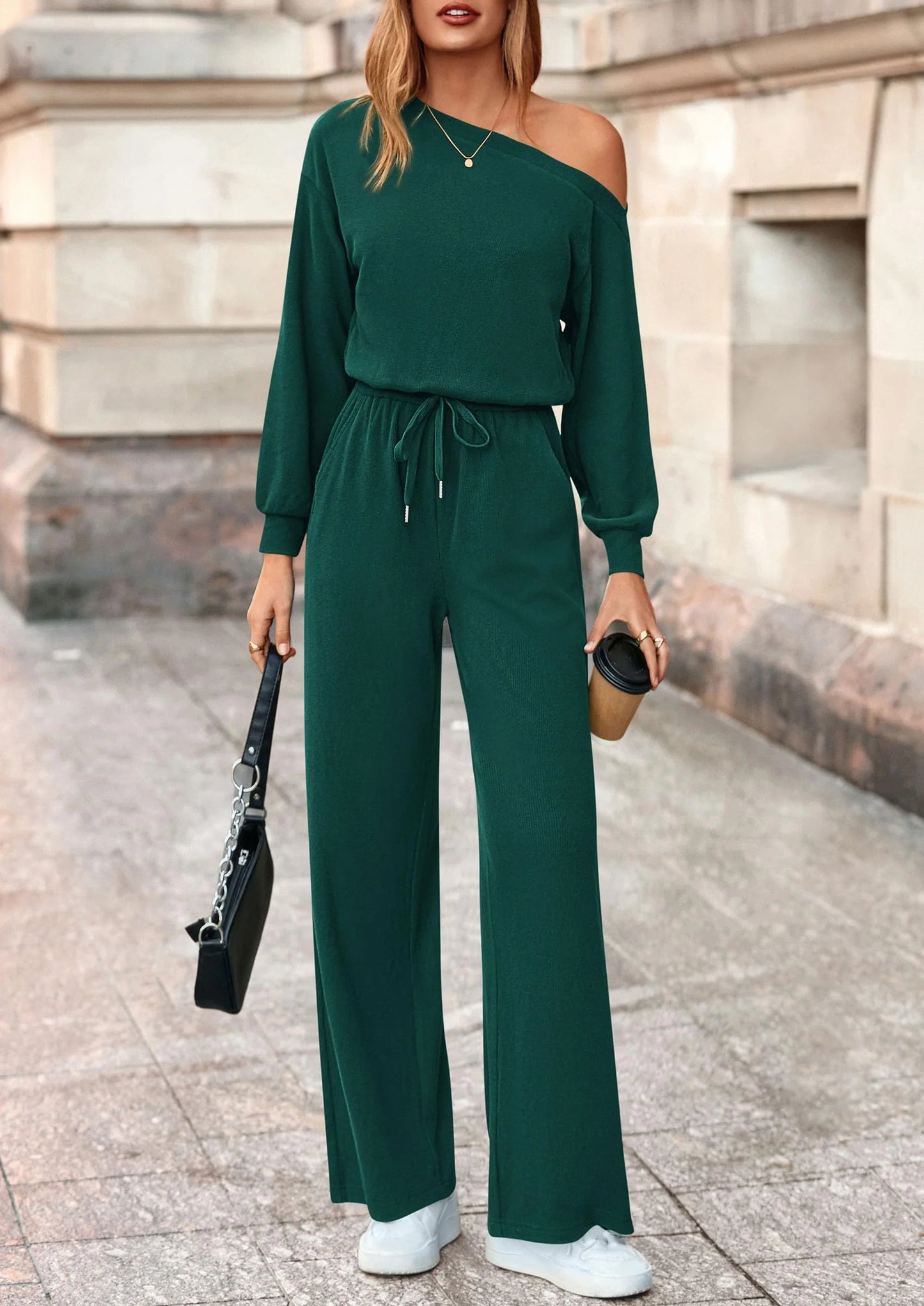 Long Sleeve Jumpsuit For Women Dressy Off Shoulder One Piece Loose Wide Leg Jumpsuits Casual Flowy Romper