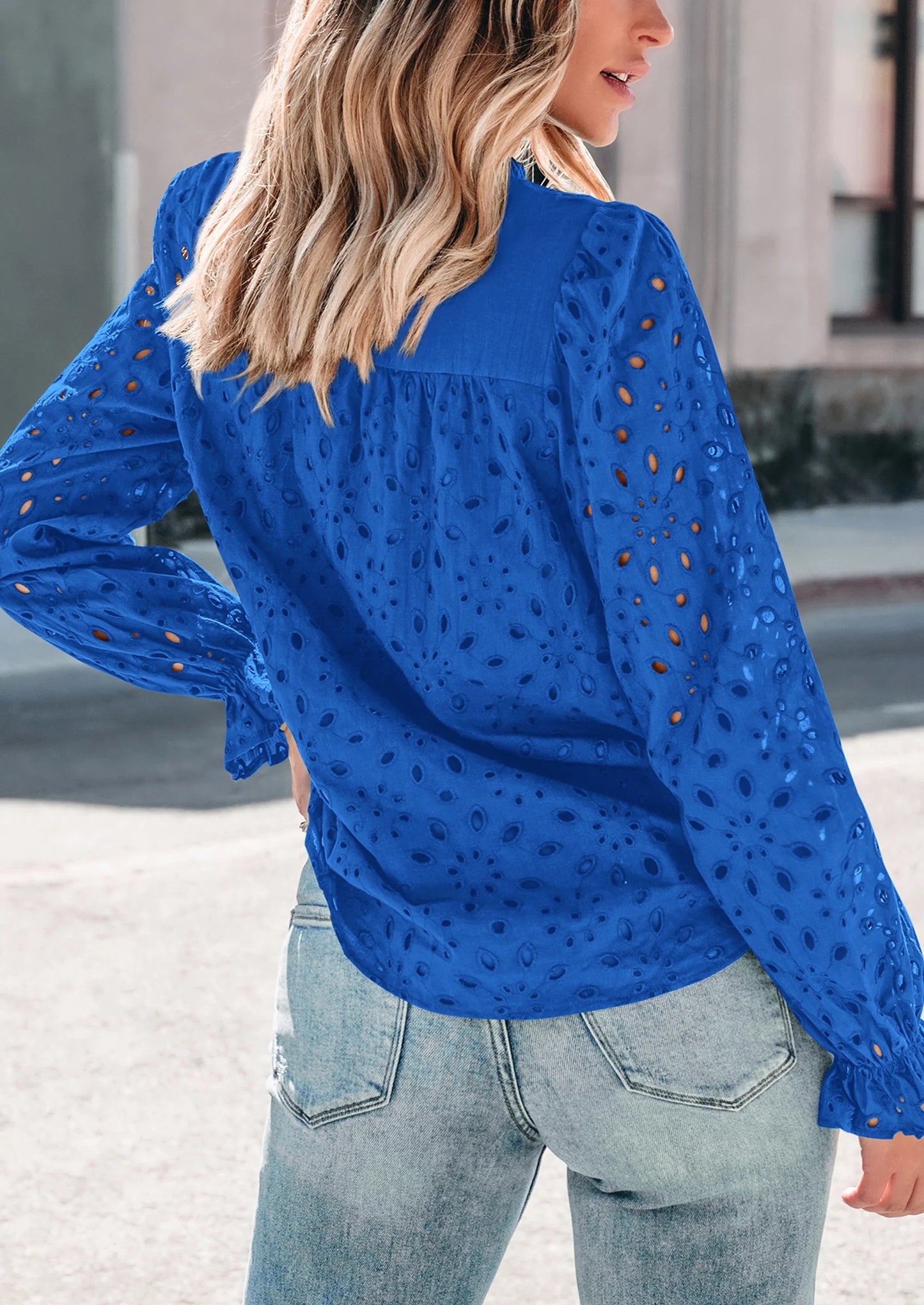 Women's Dressy Casual Blouse Tops Fall Spring Puff Long Sleeve Button V Neck Hollow Out Lace Embroidered Shirts