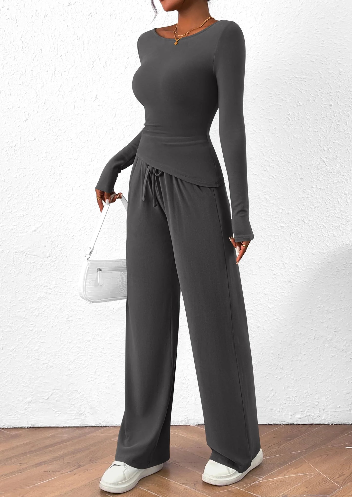 Women's 2 Piece Lounge Sets Asymmetrical Long Sleeve T Shirt Wide Leg Pants Casual Outfits Tracksuit