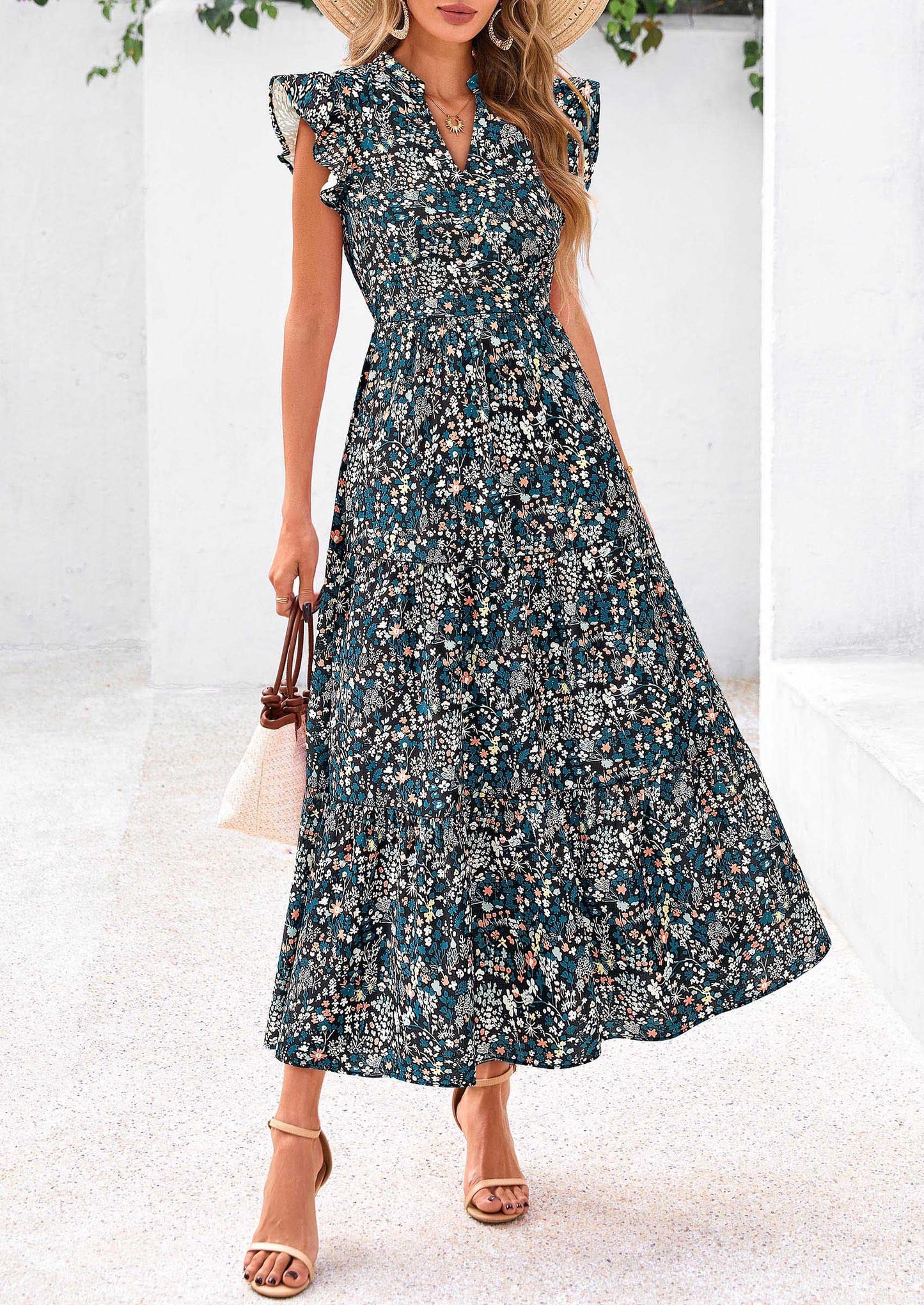 Women's Summer Floral Midi Dress Cap Sleeve V Neck Ruffle Long Flowy Boho Casual Beach Vacation Dresses