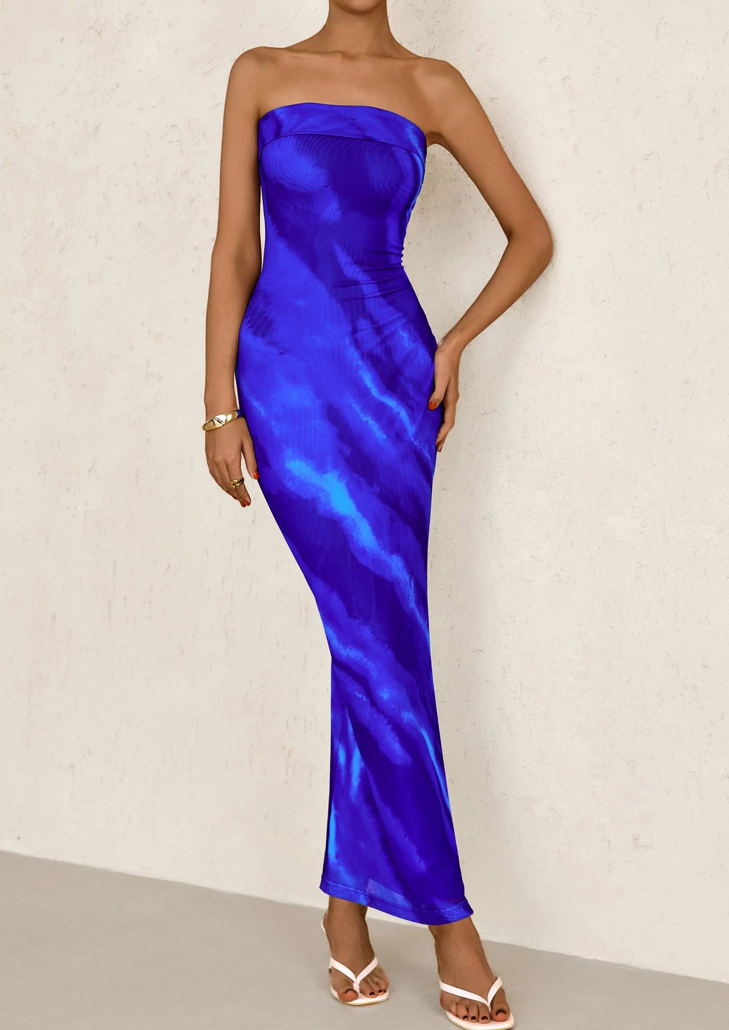 Womens Printed Tube Maxi Dress Strapless Bodycon Sleeveless Night Out Long Dresses