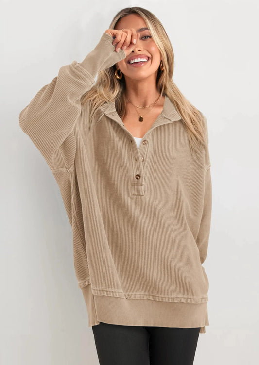 Womens Fashion Oversized Long Sleeve Hoodie Button Down V Neck Sweatshirt Side Slit Casual Pullover Tops