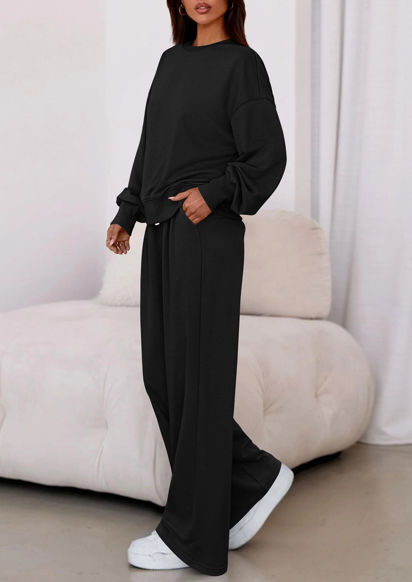 Womens 2 Piece Sets Long Sleeve Sweatshirt Wide Leg Pants Loose Matching Lounge Set Trendy Fall Outfits