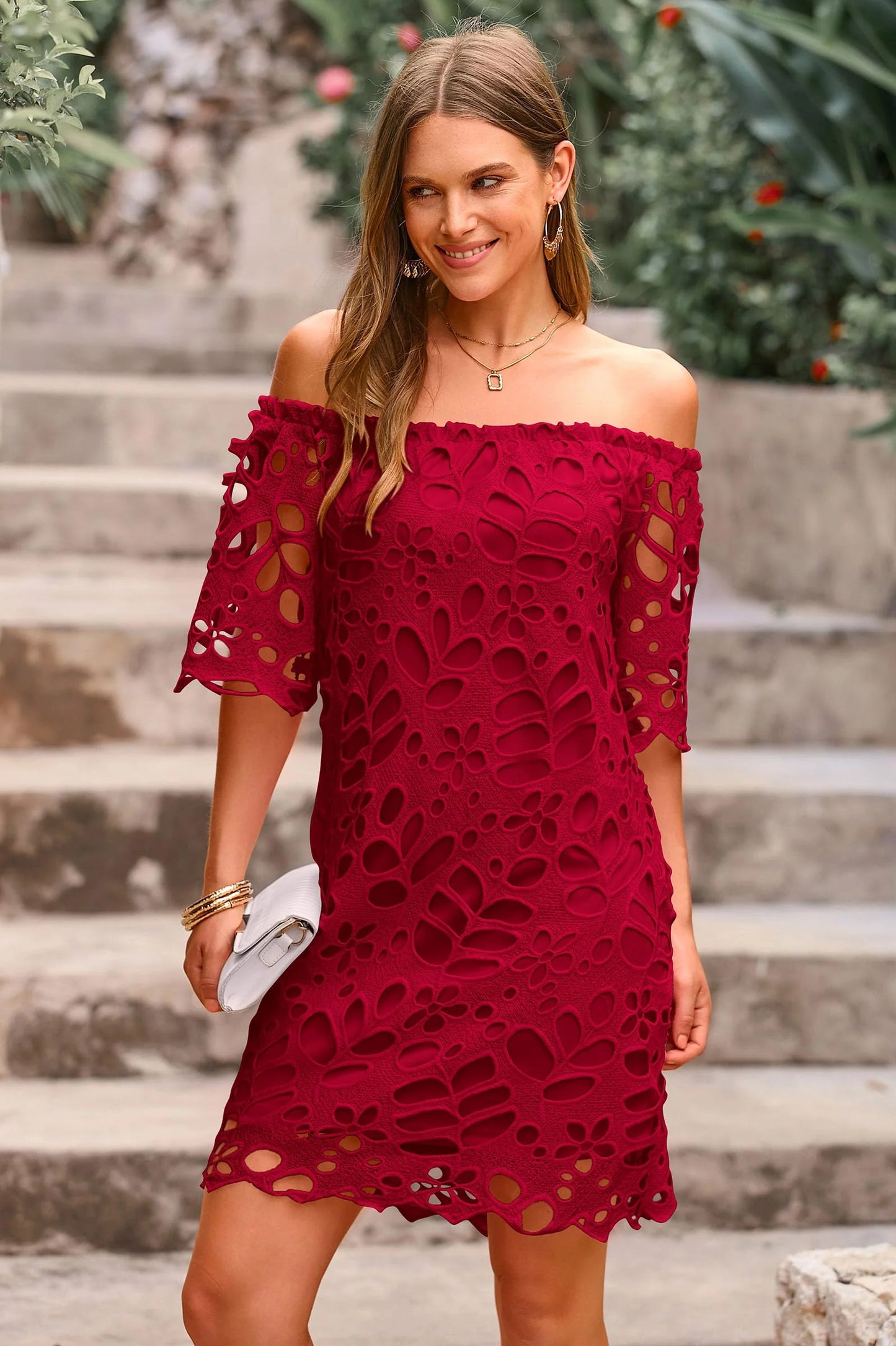 Women's Summer Off Shoulder Dresses Floral Lace Flare Short Sleeve Spring Vintage Elegant Mini Dress