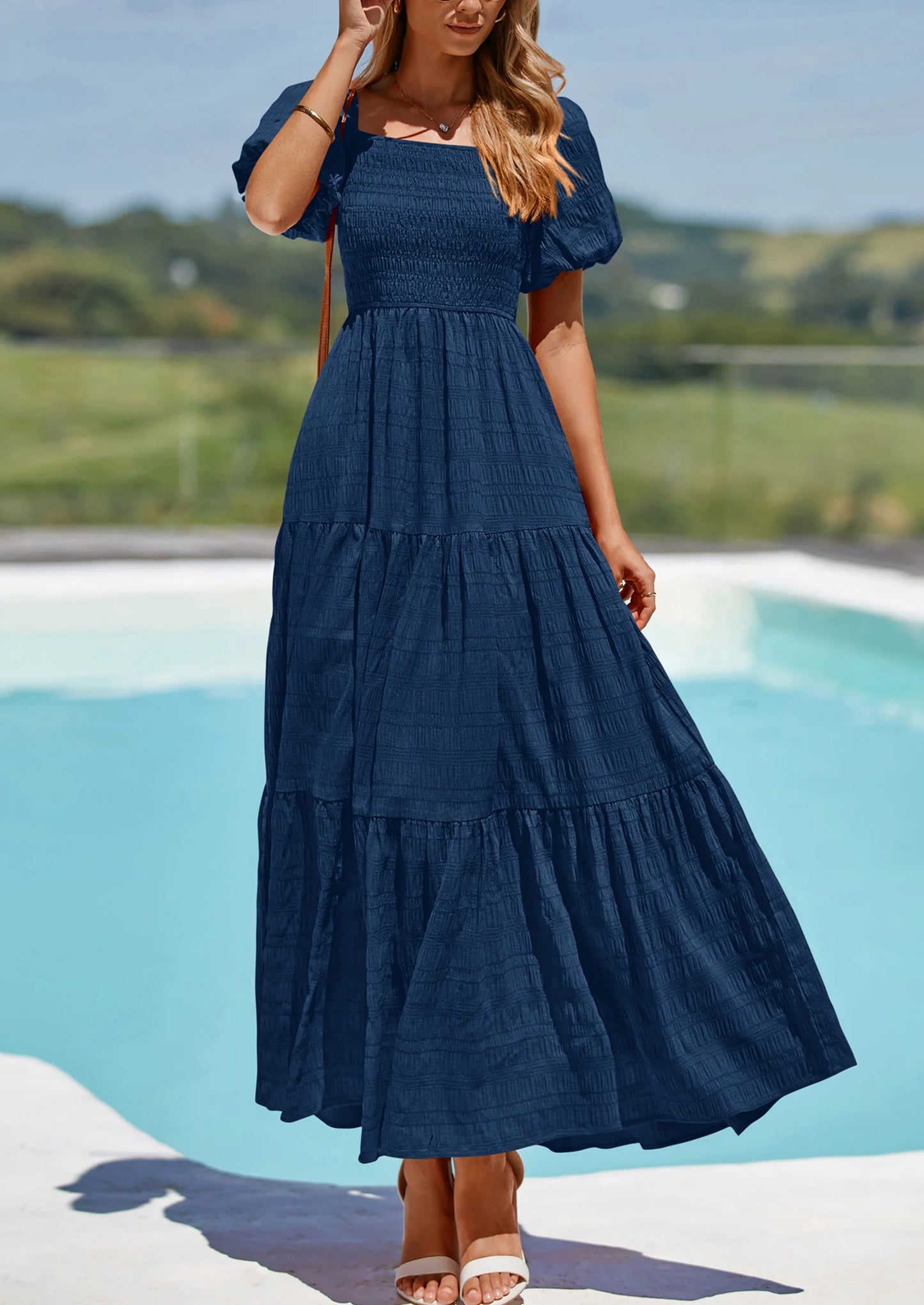 Womens Summer Puff Short Sleeve Maxi Dress Square Neck Smocked Tiered Ruffle A Line Long Flowy Beach Dresses