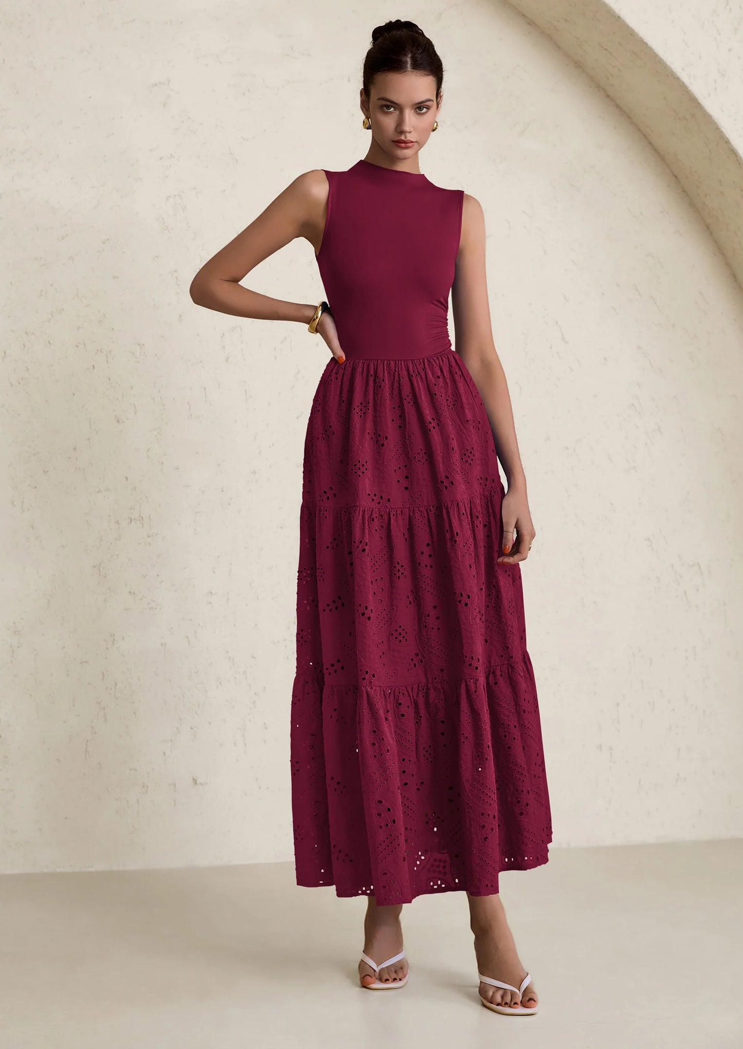 Dresses for Women Casual Eyelet Sleeveless Wedding Guest Maxi Dress Tank Top Sundress with Pockets
