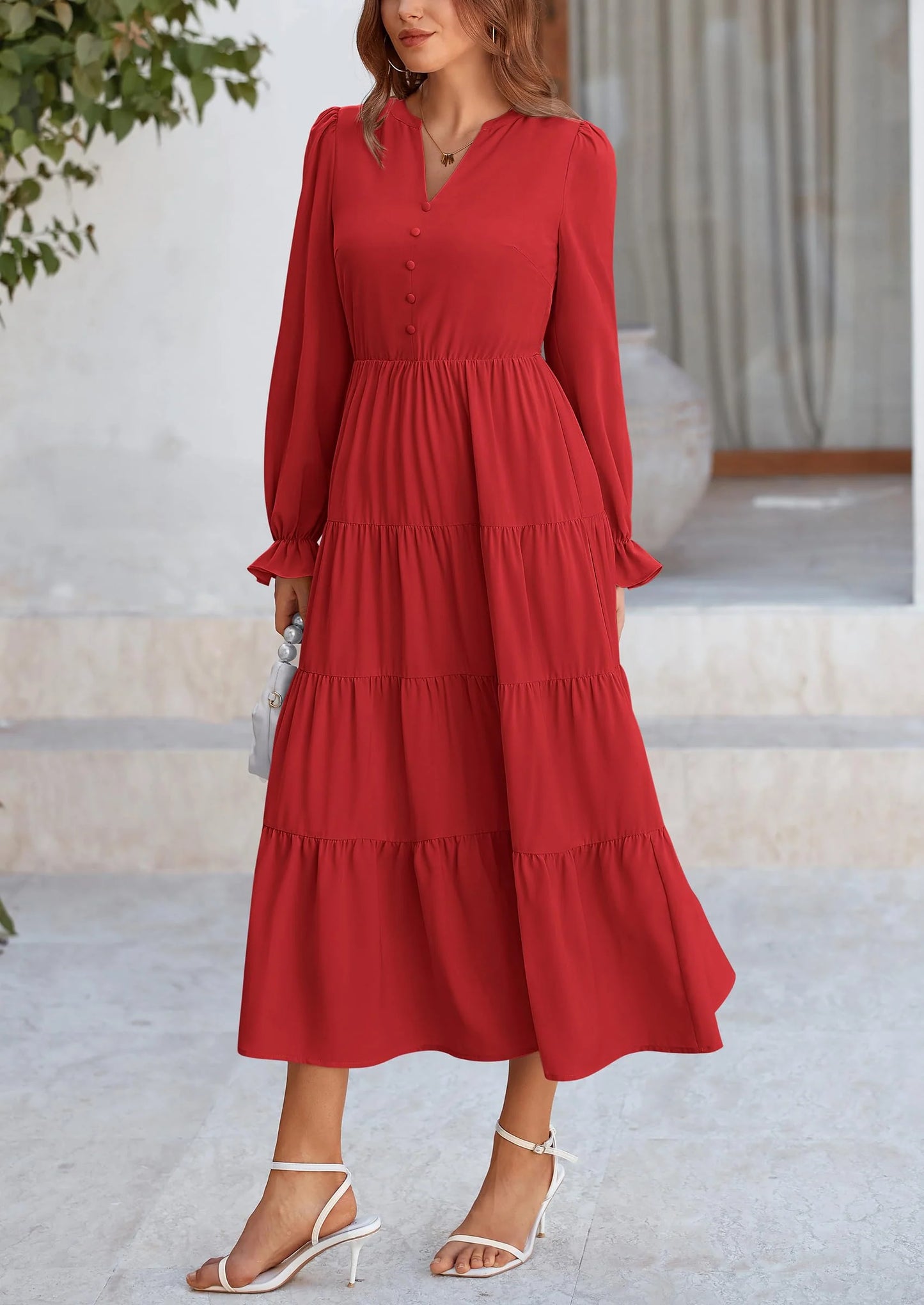 Women Fall Long Sleeve Smocked Maxi Dress Casual Square Neck Swiss Dot Tiered Ruffle Flowy Spring Pocket Dresses