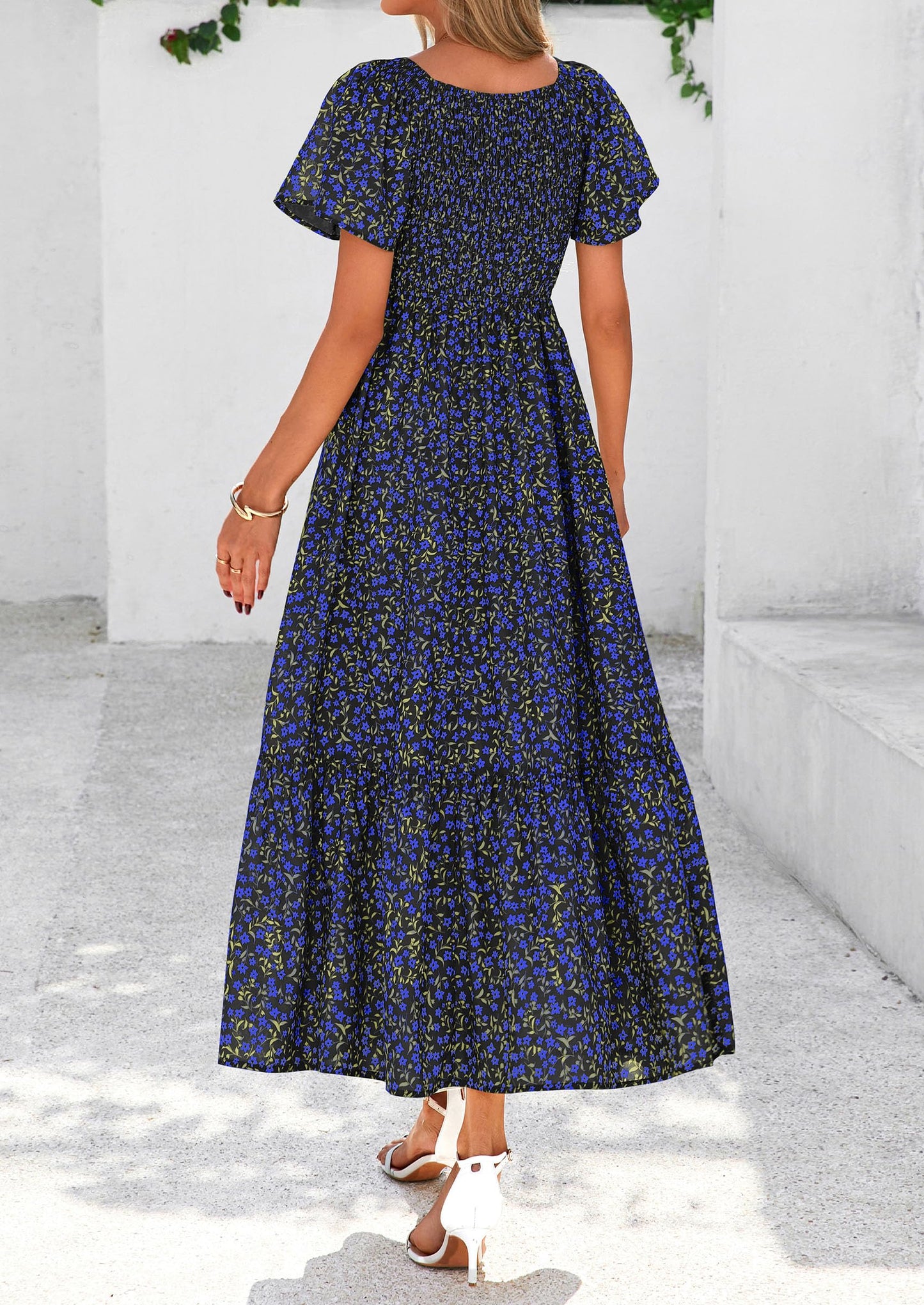 Women Floral Boho Maxi Dresses Short Sleeve V Neck Smocked A Line Long Flowy Beach Vacation Dress