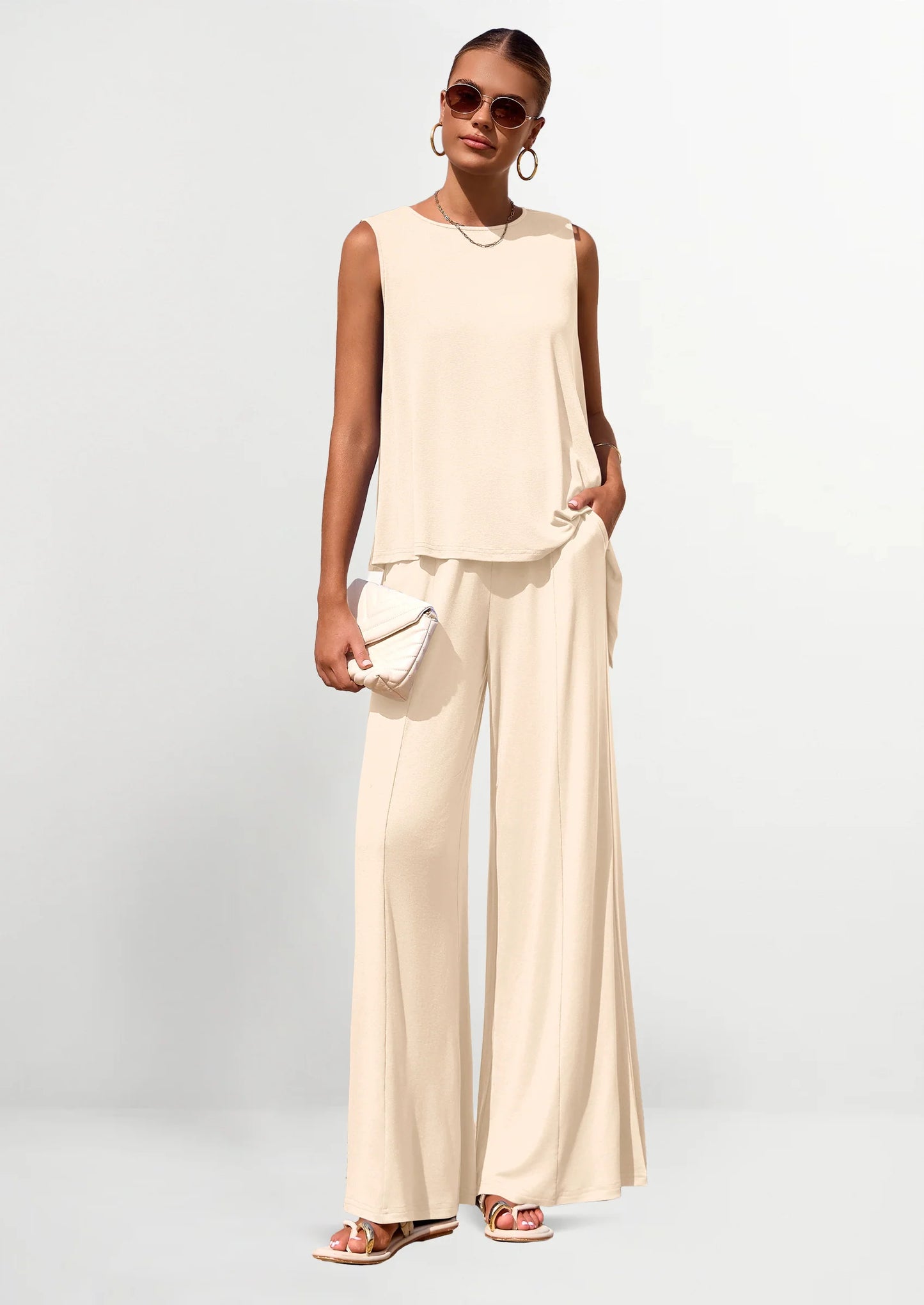 Women's Two Piece Matching Lounge Sets Asymmetrical Split Tank Tops Wide Leg Pants Summer Outfits Tracksuit
