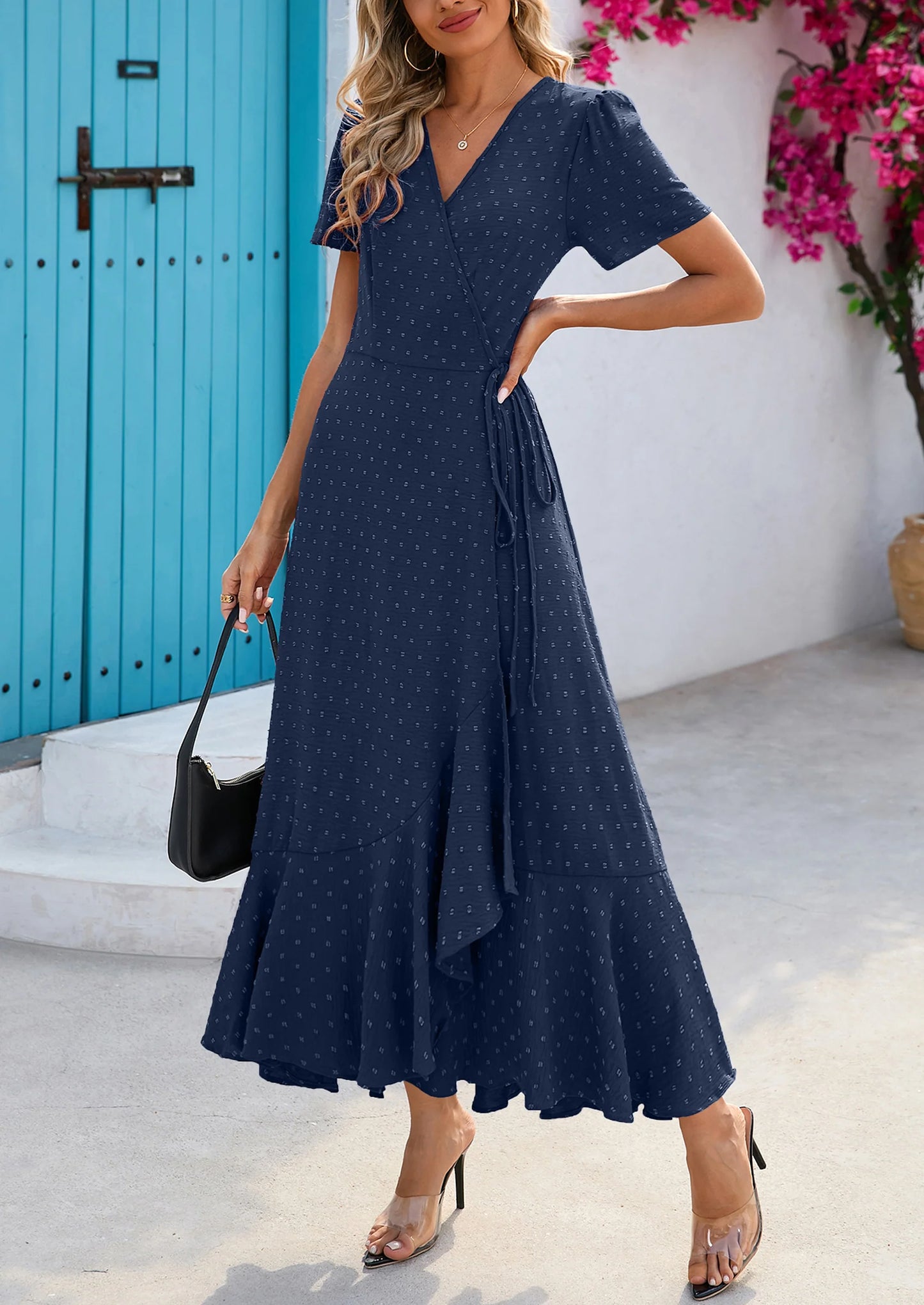 Women's Summer Maxi Dress Casual Wrap Floral Boho Short Sleeve V Neck Split Ruffle Beach Long Dresses
