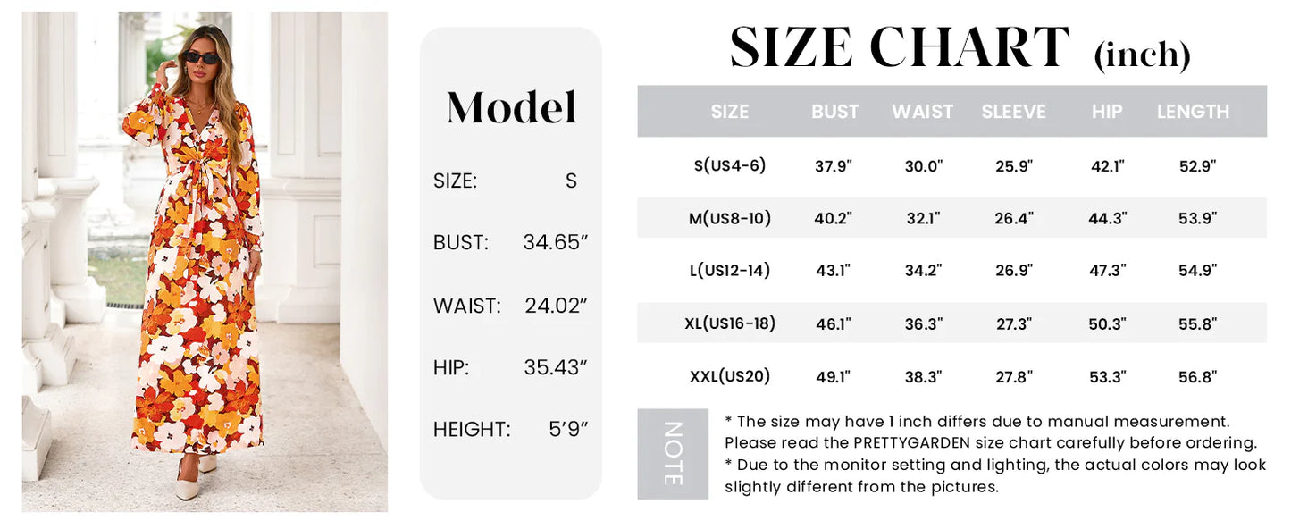 Women's Fall Boho Maxi Dress Floral Long Sleeve V Neck Flowy Belted Elegant Holiday Party Dresses