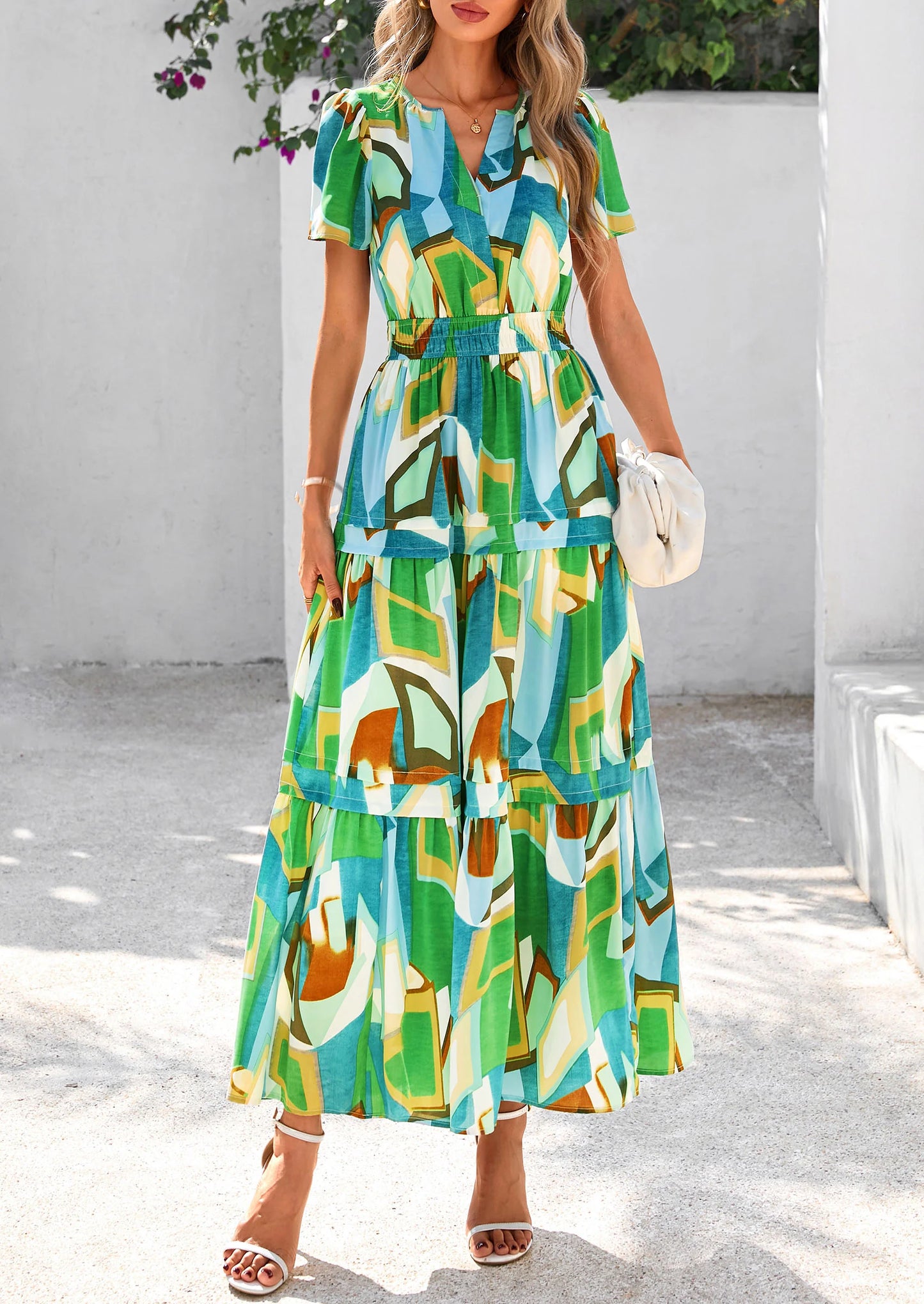 Women's Boho Maxi Dresses Floral Short Sleeve V Neck A Line Tiered Flowy Long Beach Vacation Dress