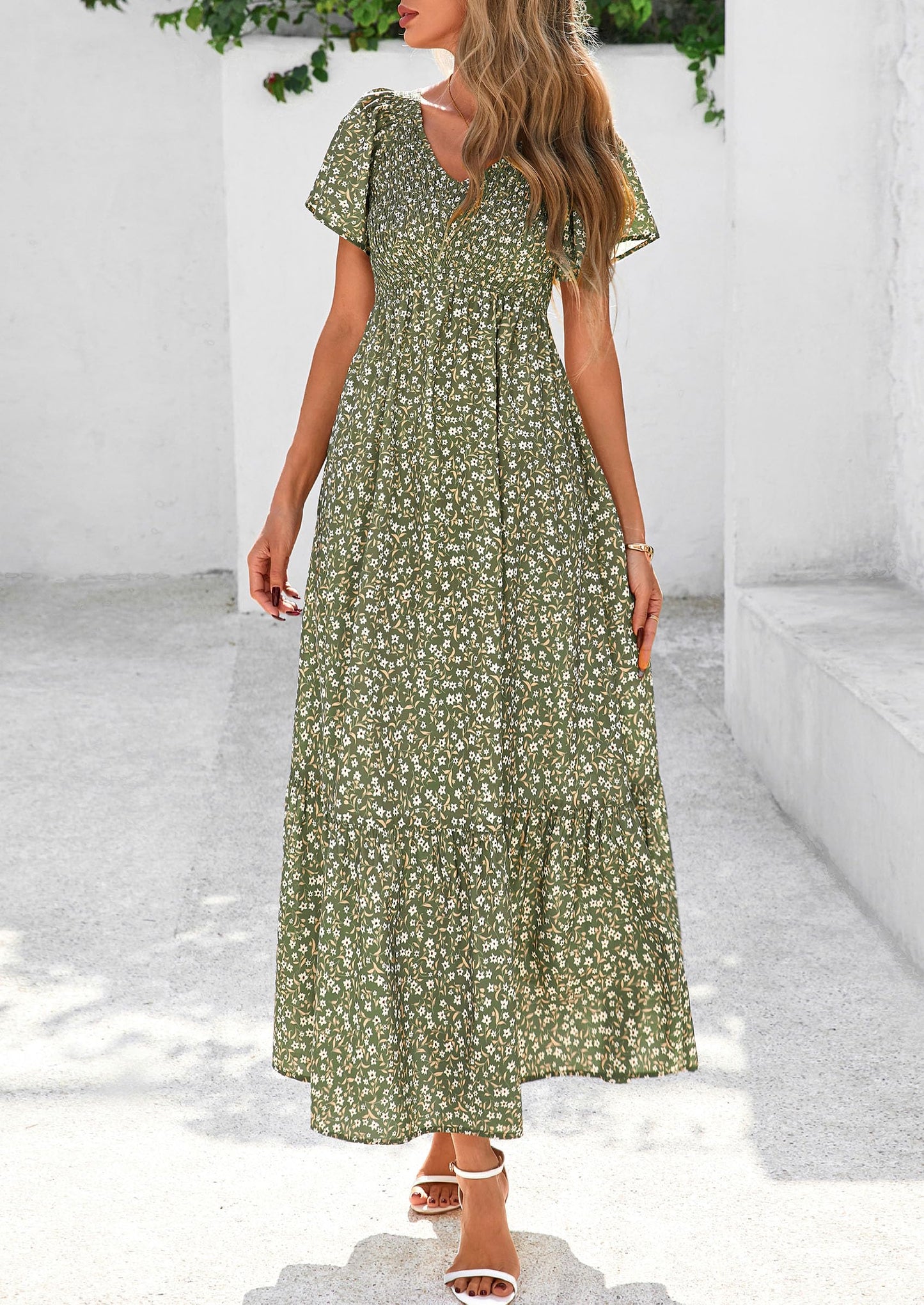 Women Floral Boho Maxi Dresses Short Sleeve V Neck Smocked A Line Long Flowy Beach Vacation Dress