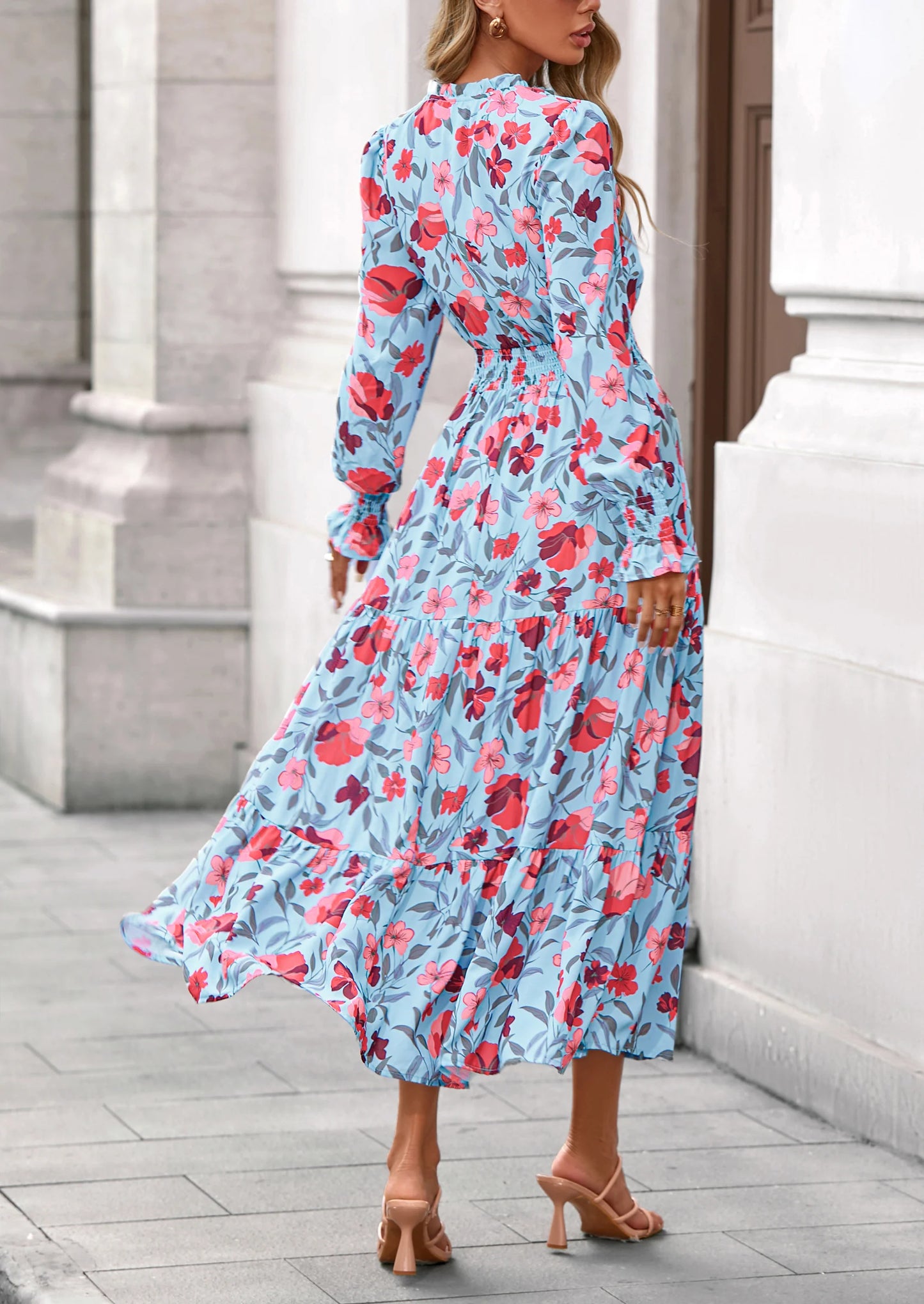 Women's Floral Maxi Dress Spring Long Sleeve V Neck Casual A Line Long Flowy Boho Party Dresses