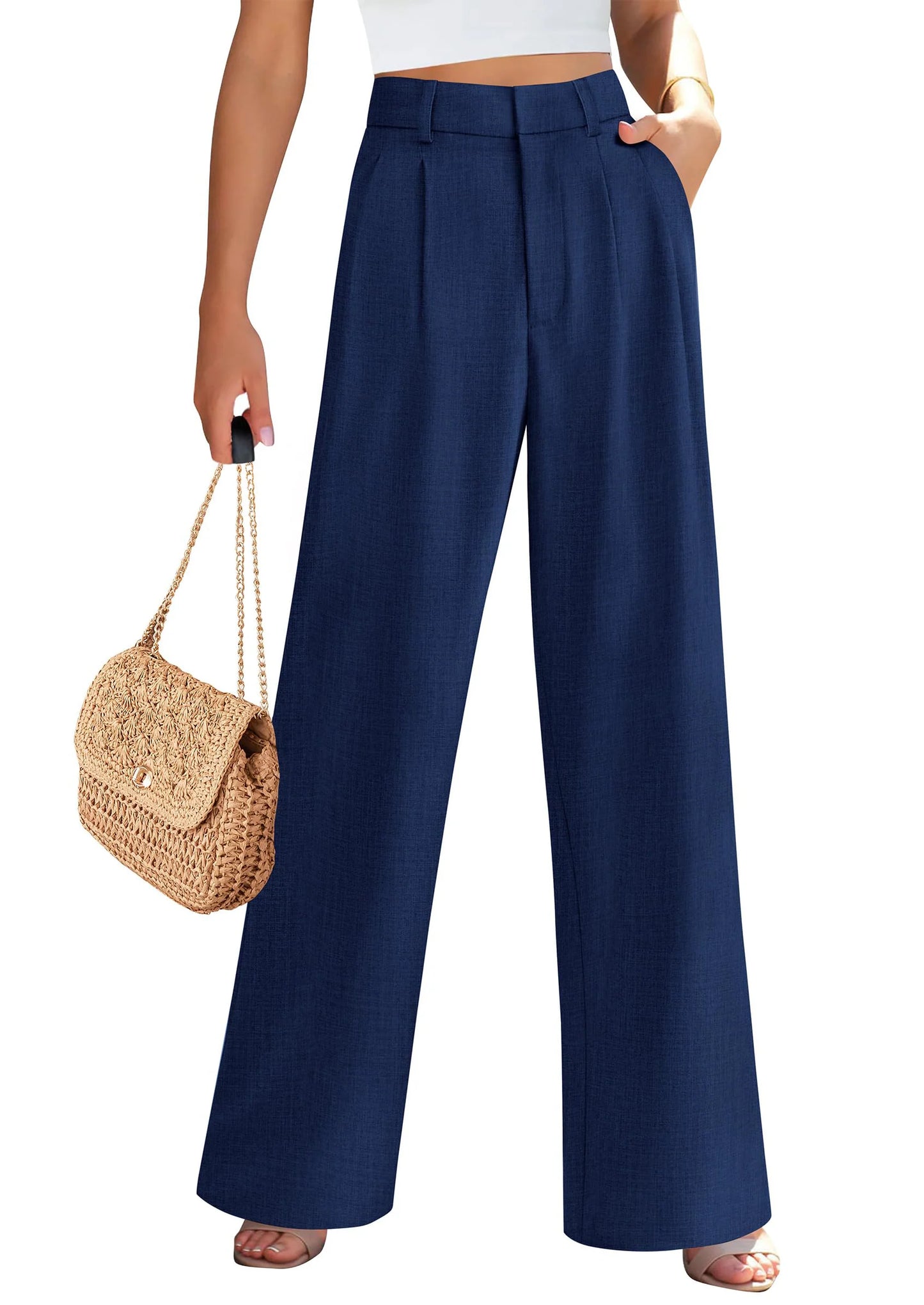 Women's Summer Elastic High Waisted Work Pants Straight Leg Dressy Business Casual Trousers Slacks Pockets