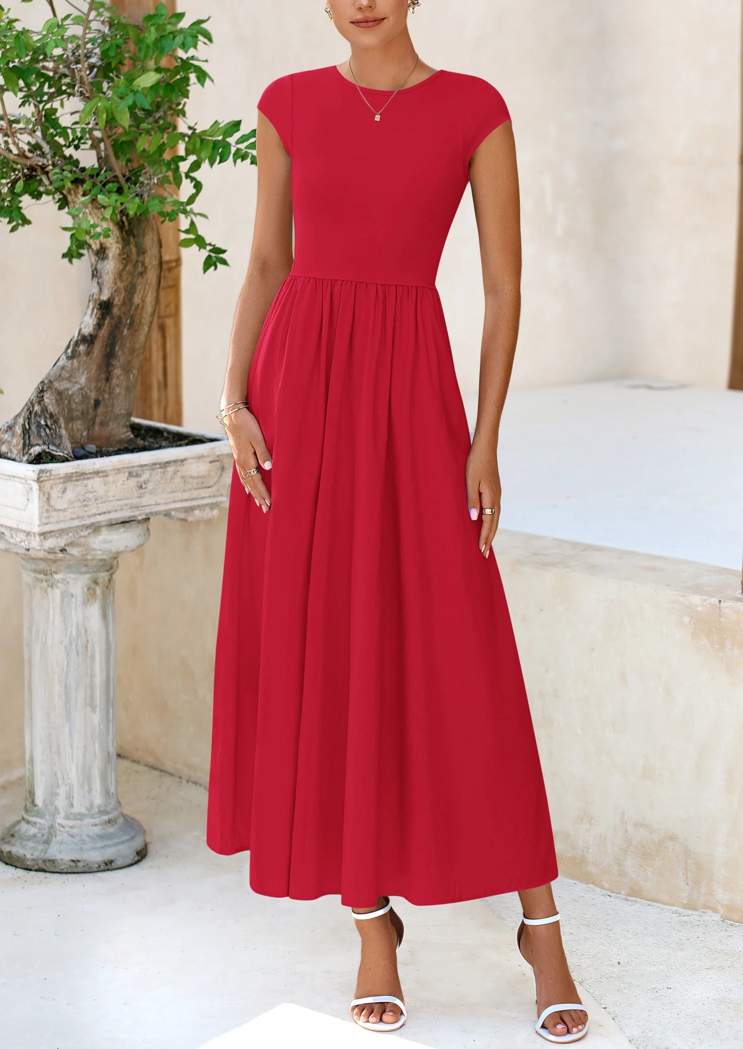 Women's Casual Long Dresses Cap Sleeve Patchwork A Line Flowy Modest Elegant Homecoming Maxi Dress
