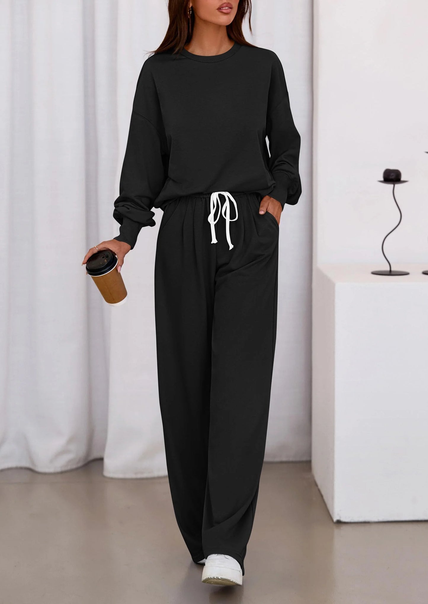 Womens 2 Piece Sets Long Sleeve Sweatshirt Wide Leg Pants Loose Matching Lounge Set Trendy Fall Outfits