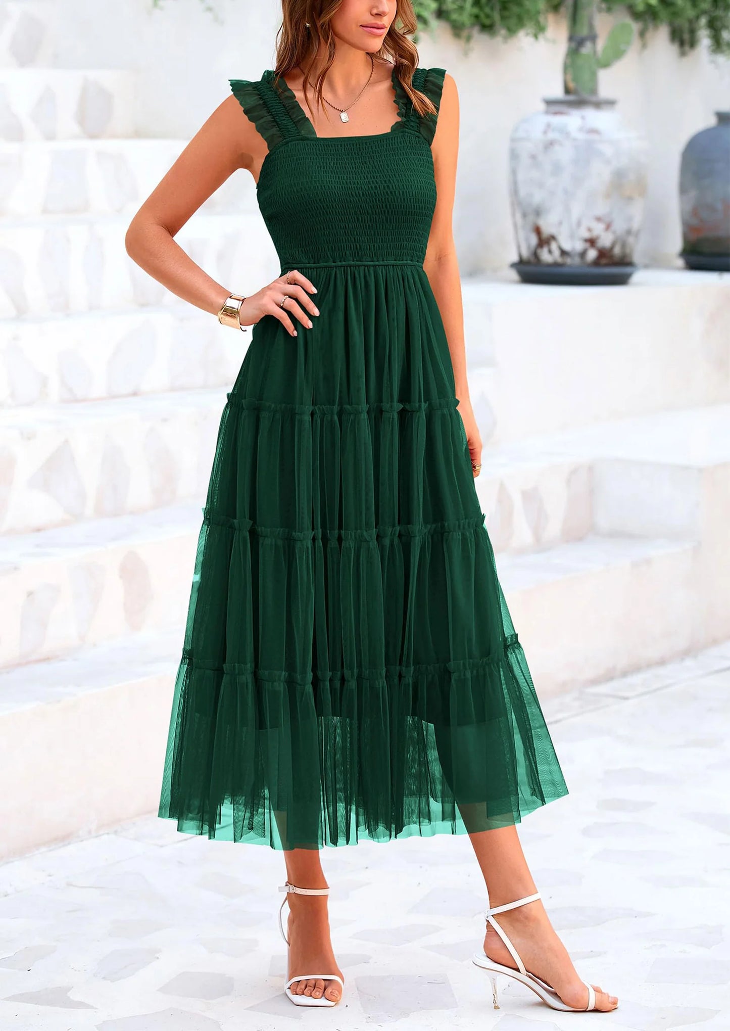 Women's Tulle Midi Dress Sleeveless Smocked Ruffle Mesh Flowy Dresses Party Wedding Guest Sundress