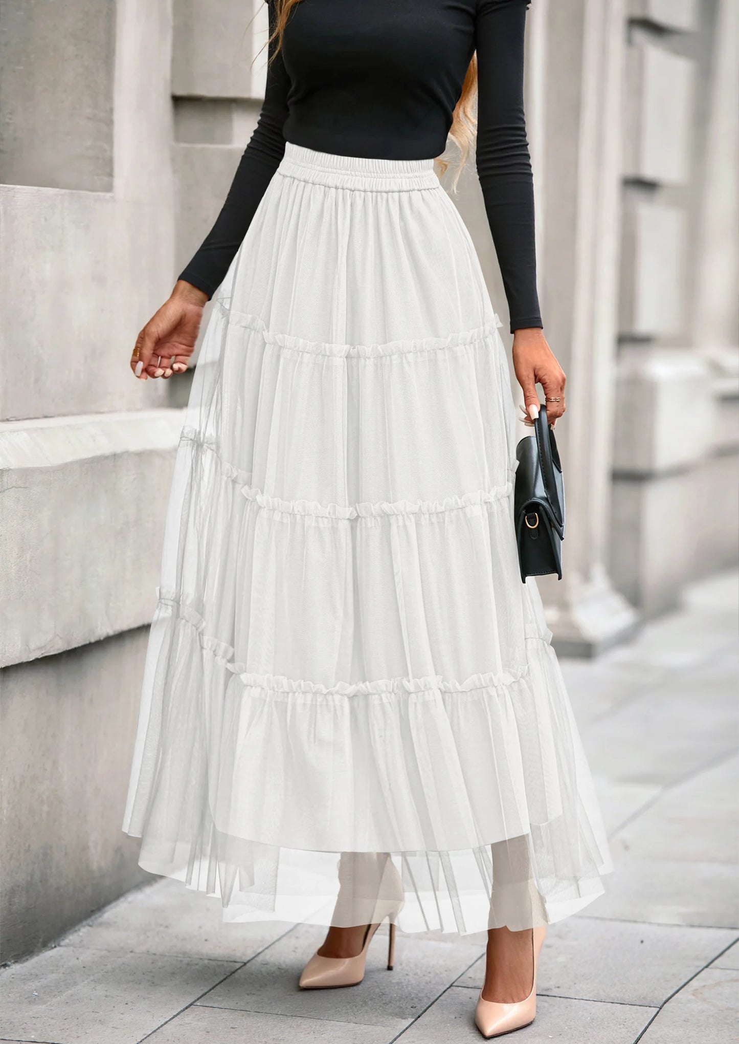 Maxi Skirts for Women Fall Tulle High Waisted Ruffle Flowy A-Line Long Skirt Country Concert Outfits