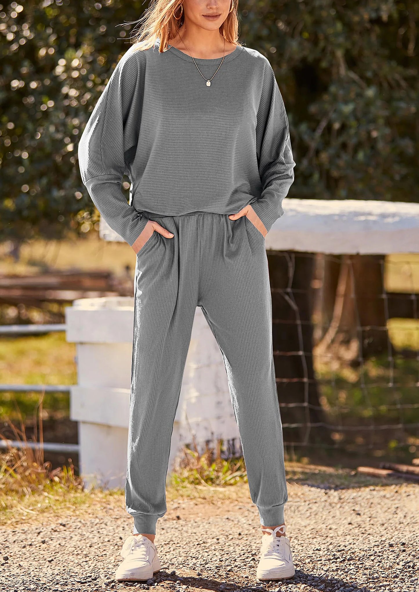 Women's Fall 2 Piece Lounge Set Long Sleeve Tops Ribbed Pants Spring Matching Sweatsuit Travel Outfits Clothes