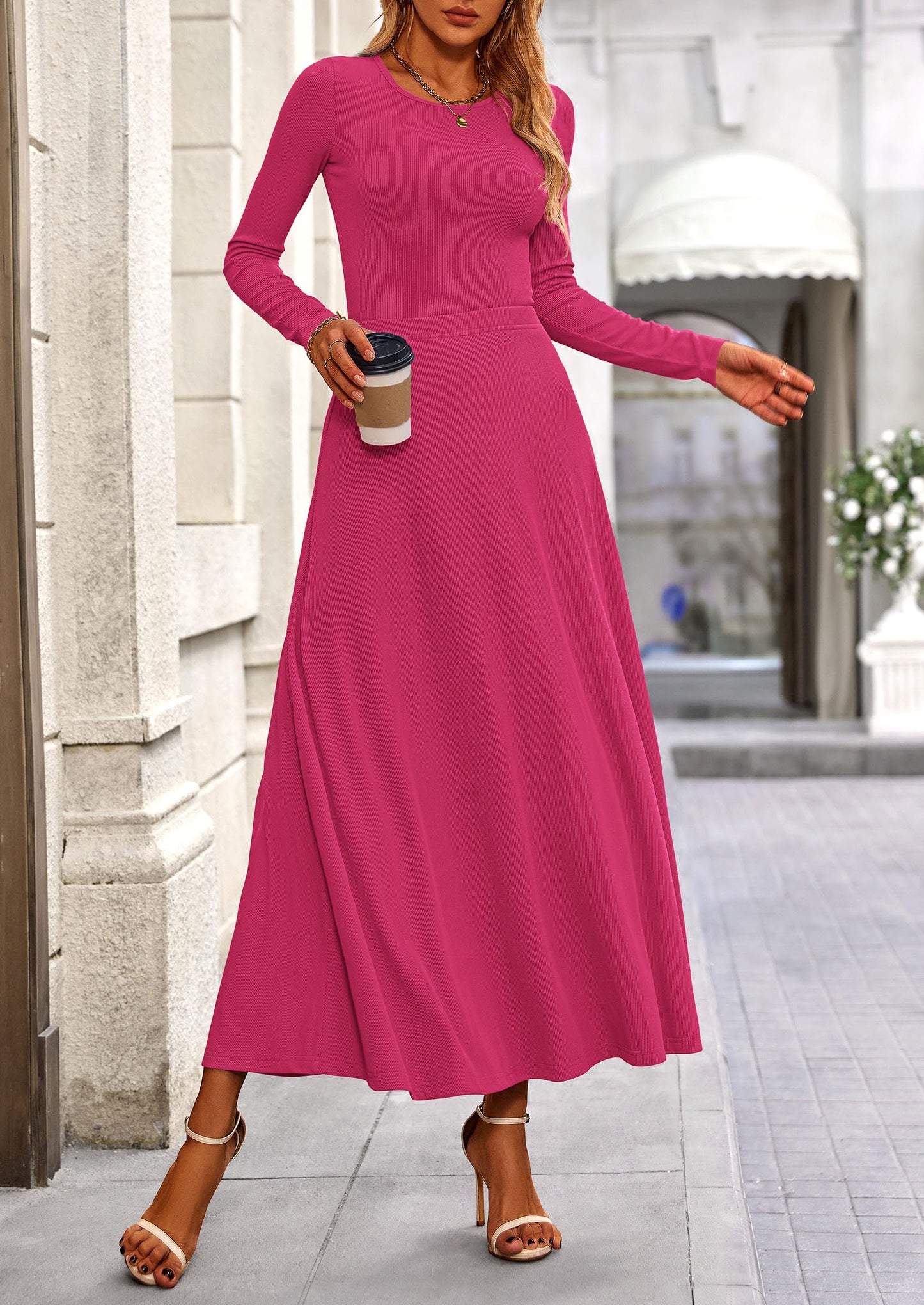 2 Piece Casual Ribbed Knit Long Sleeve Crop Tops Maxi Flowy Skirts Matching Sets